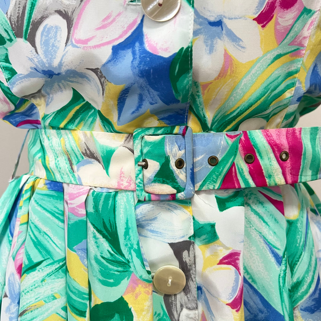 1980s Floral Midi Day Dress French Vintage Button Front Tropical Print Summer Tea Dress