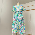 1980s Floral Midi Day Dress French Vintage Button Front Tropical Print Summer Tea Dress