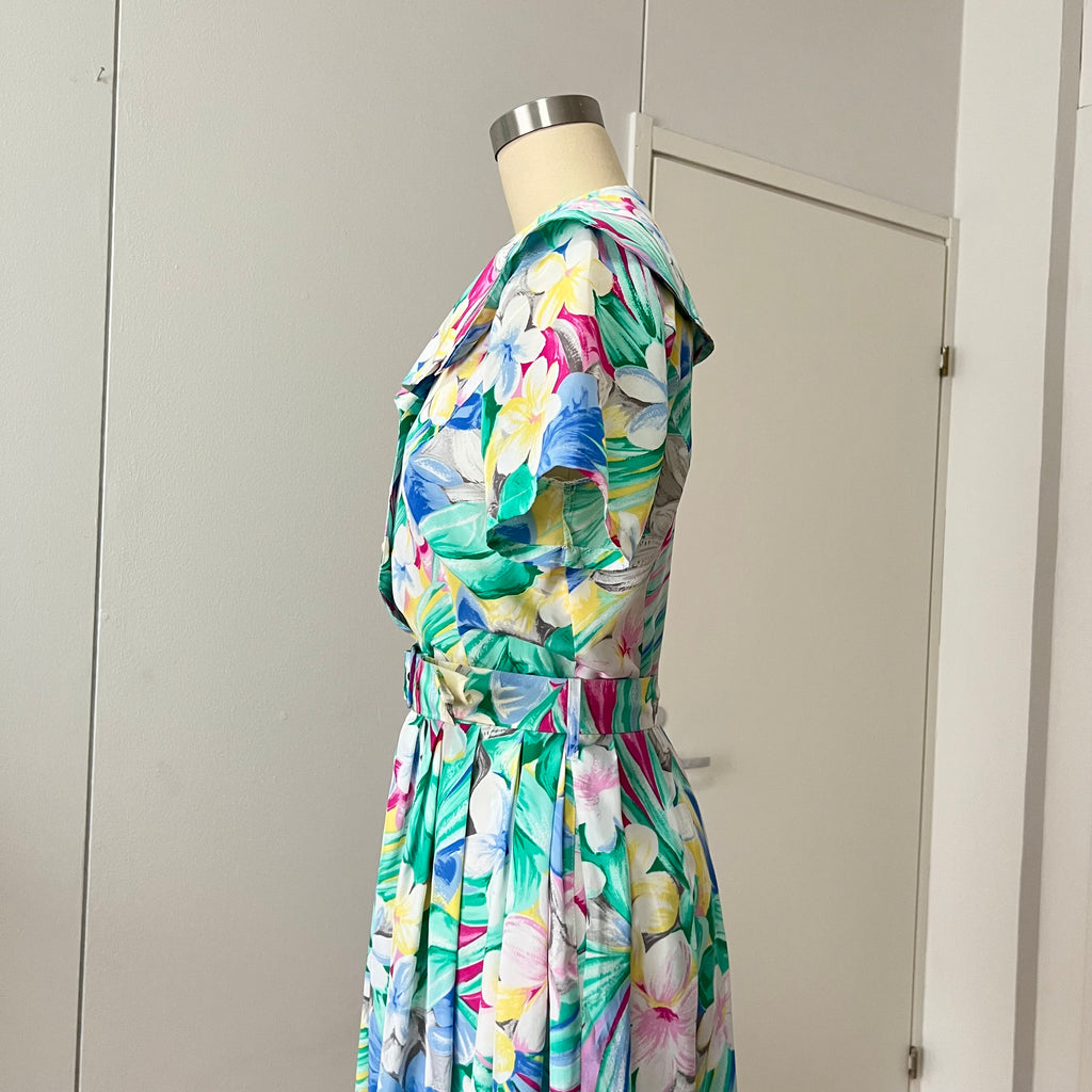 1980s Floral Midi Day Dress French Vintage Button Front Tropical Print Summer Tea Dress