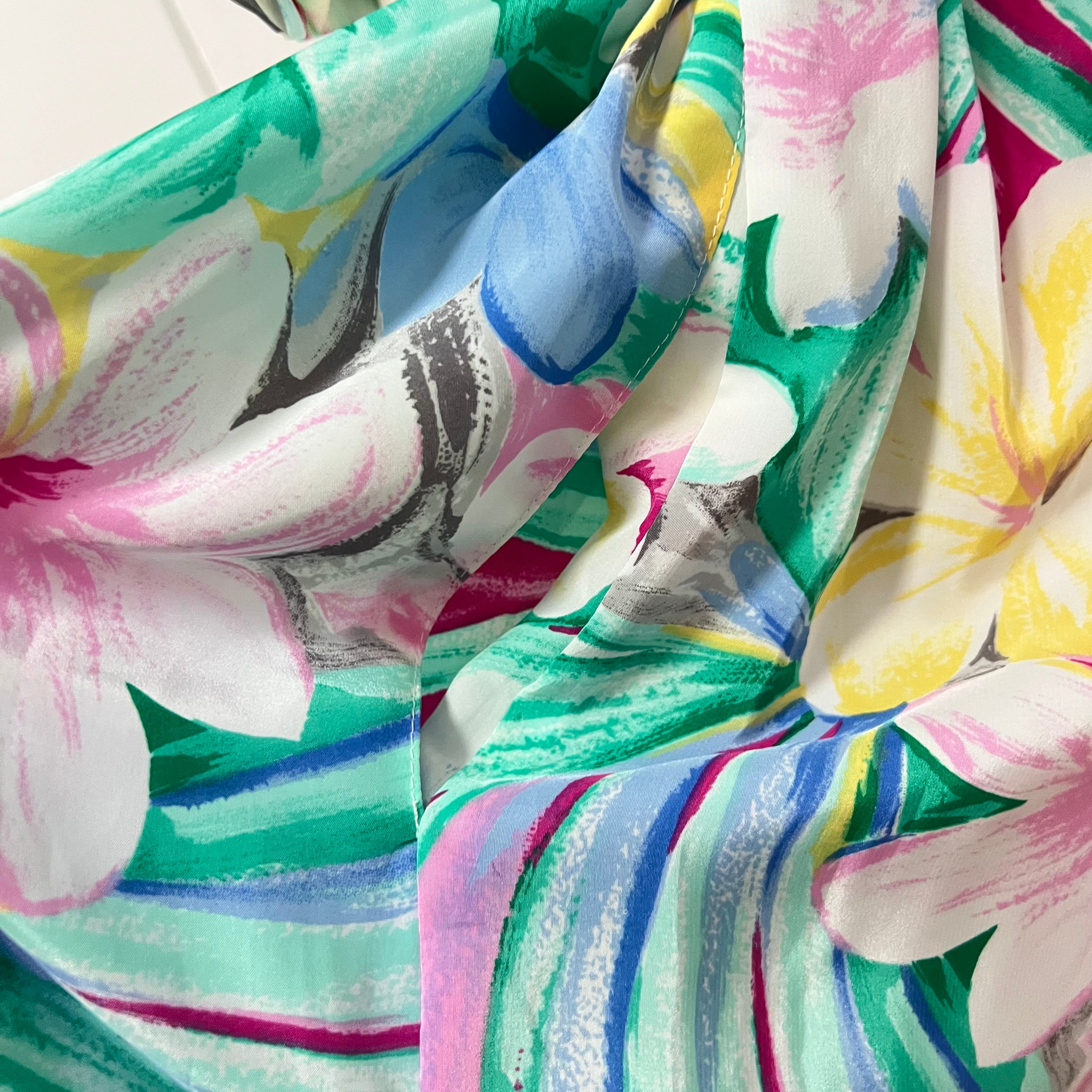 1980s Floral Midi Day Dress French Vintage Button Front Tropical Print Summer Tea Dress