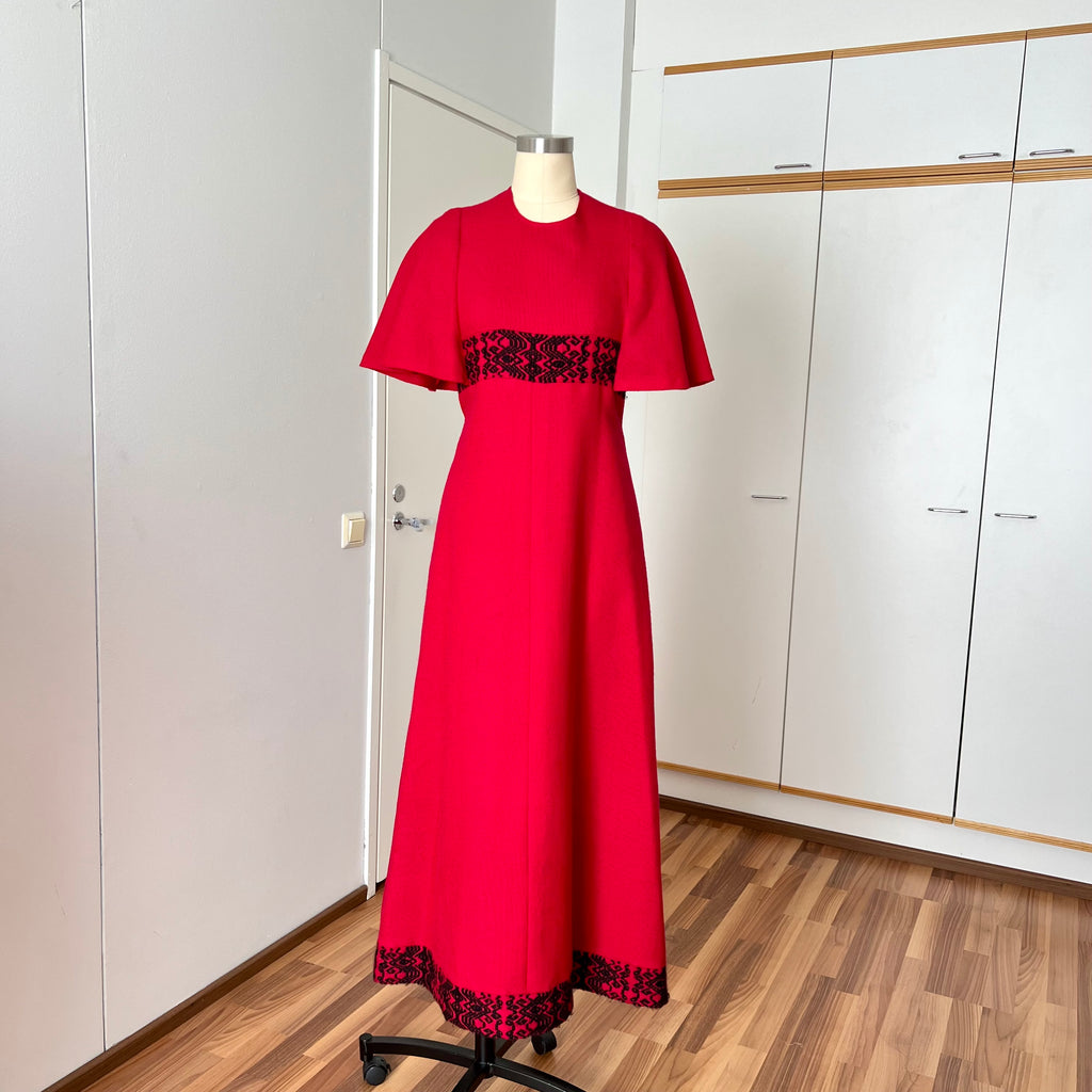 1970s Vintage Red Wool Maxi Dress-Empire Waist Flutter Sleeves Floor Length Dress