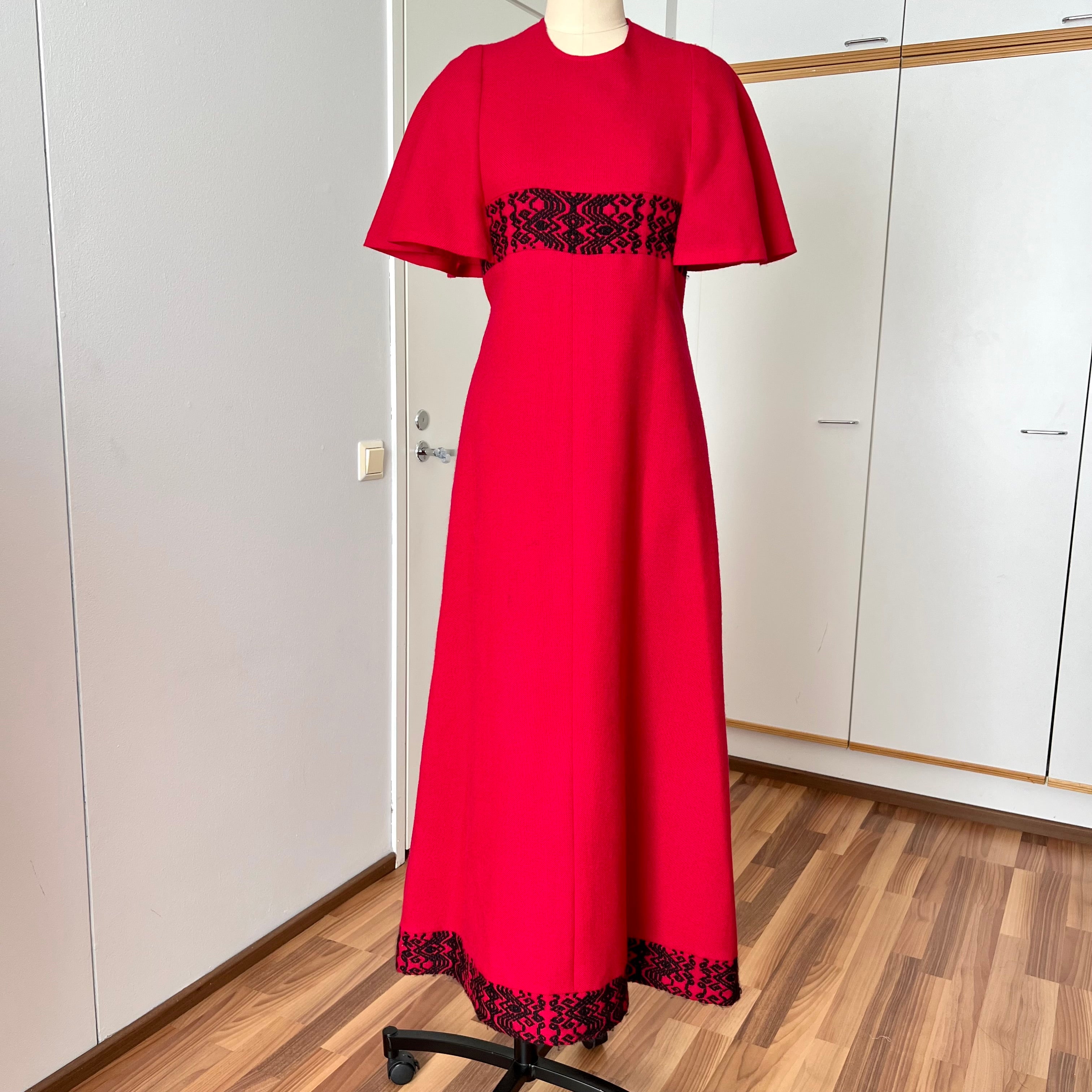 1970s Vintage Red Wool Maxi Dress Empire Waist Flutter Sleeves Floor Length Dress