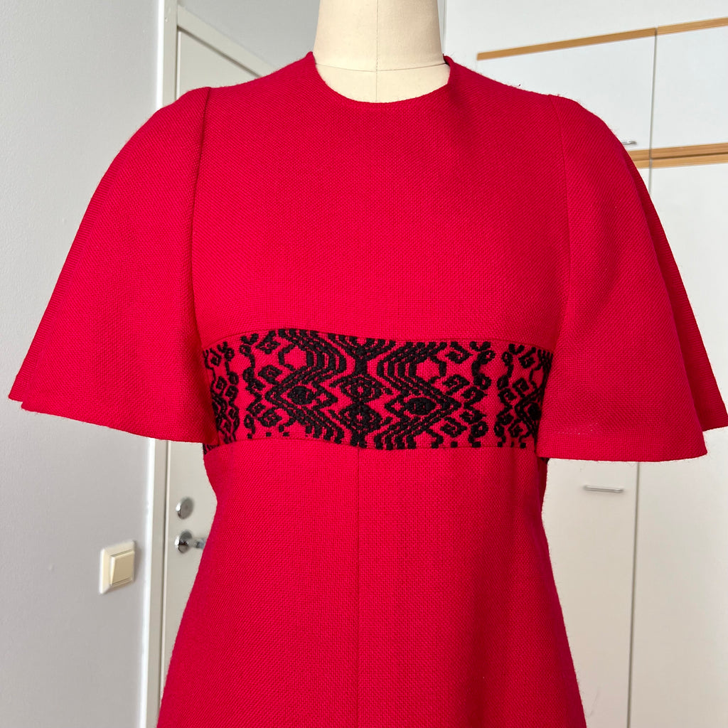 1970s Vintage Red Wool Maxi Dress Empire Waist Flutter Sleeves Floor Length Dress