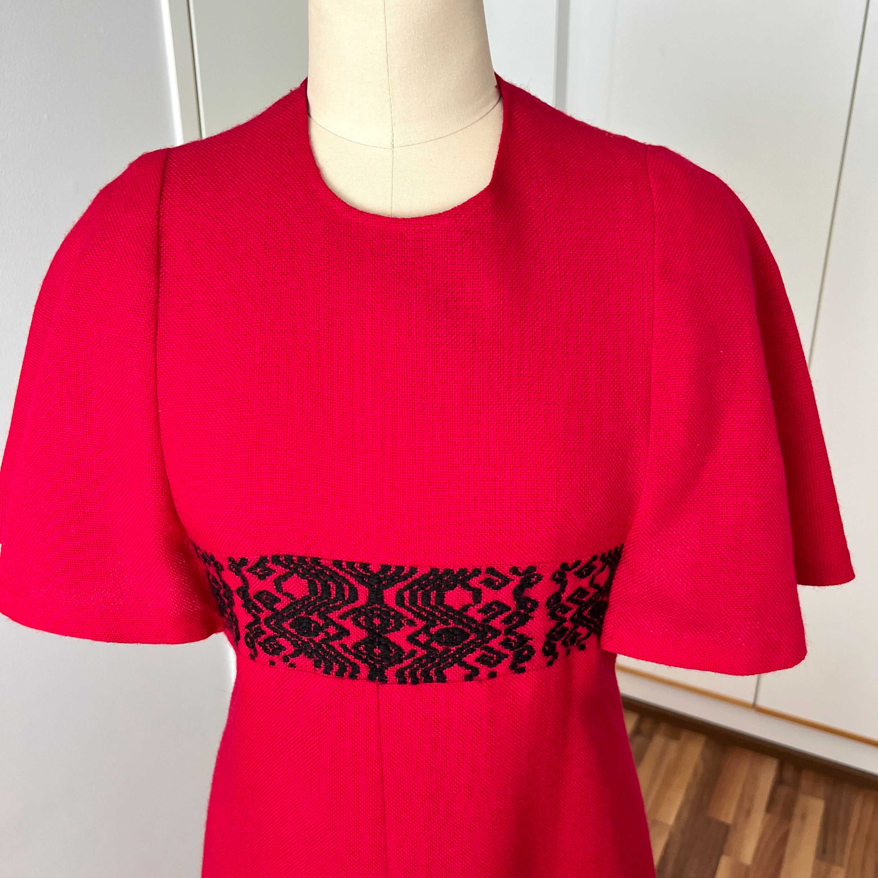 1970s Vintage Red Wool Maxi Dress Empire Waist Flutter Sleeves Floor Length Dress