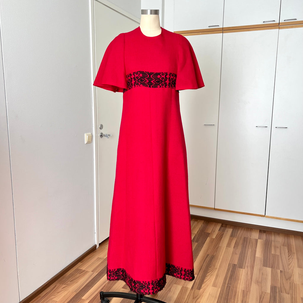 1970s Vintage Red Wool Maxi Dress Empire Waist Flutter Sleeves Floor Length Dress