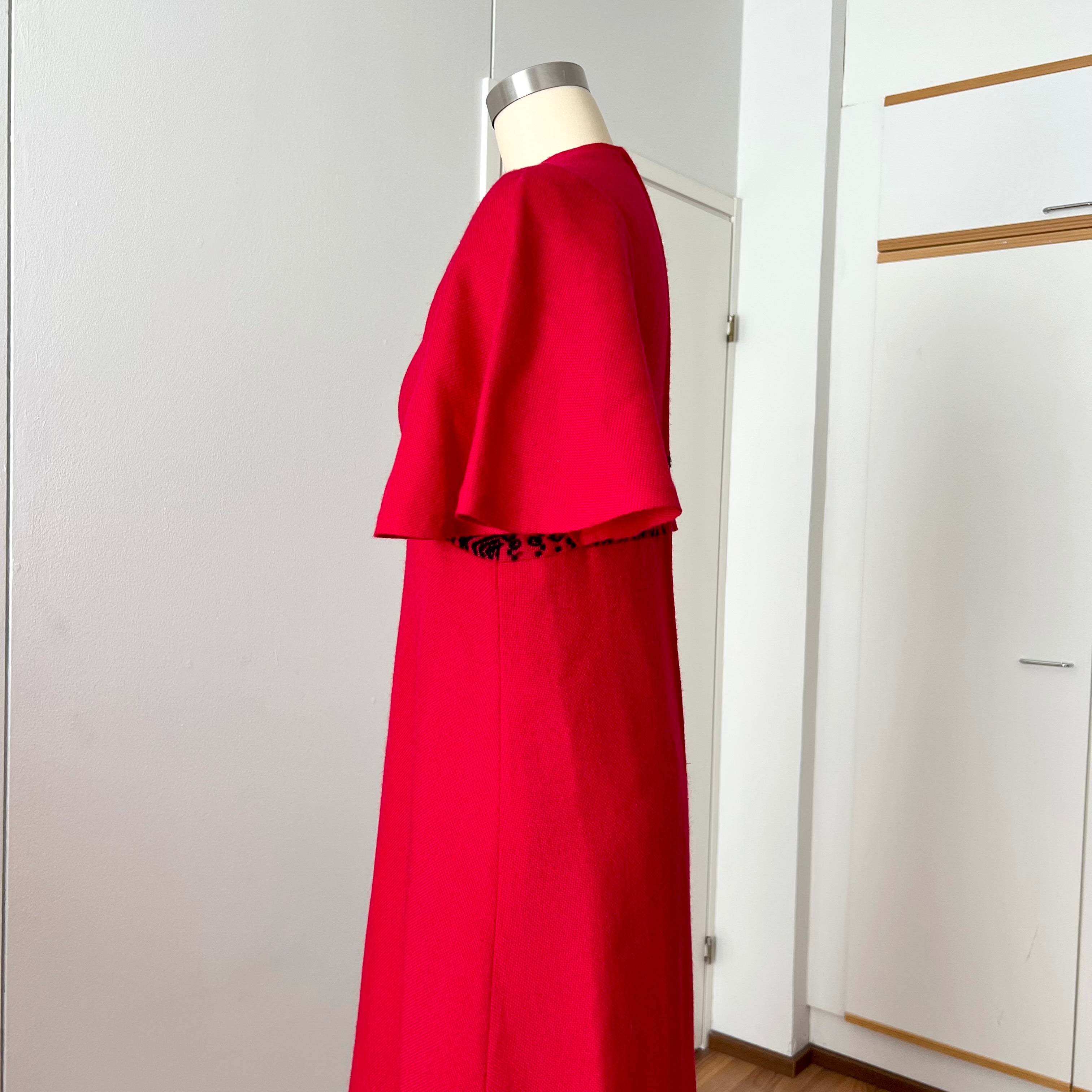 1970s Vintage Red Wool Maxi Dress Empire Waist Flutter Sleeves Floor Length Dress