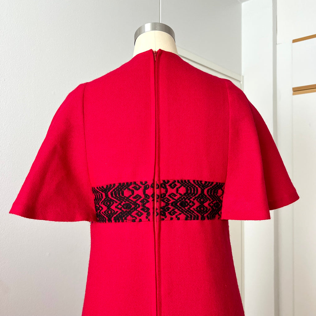 1970s Vintage Red Wool Maxi Dress Empire Waist Flutter Sleeves Floor Length Dress