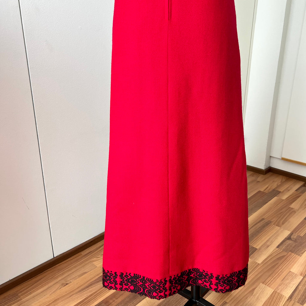 1970s Vintage Red Wool Maxi Dress Empire Waist Flutter Sleeves Floor Length Dress