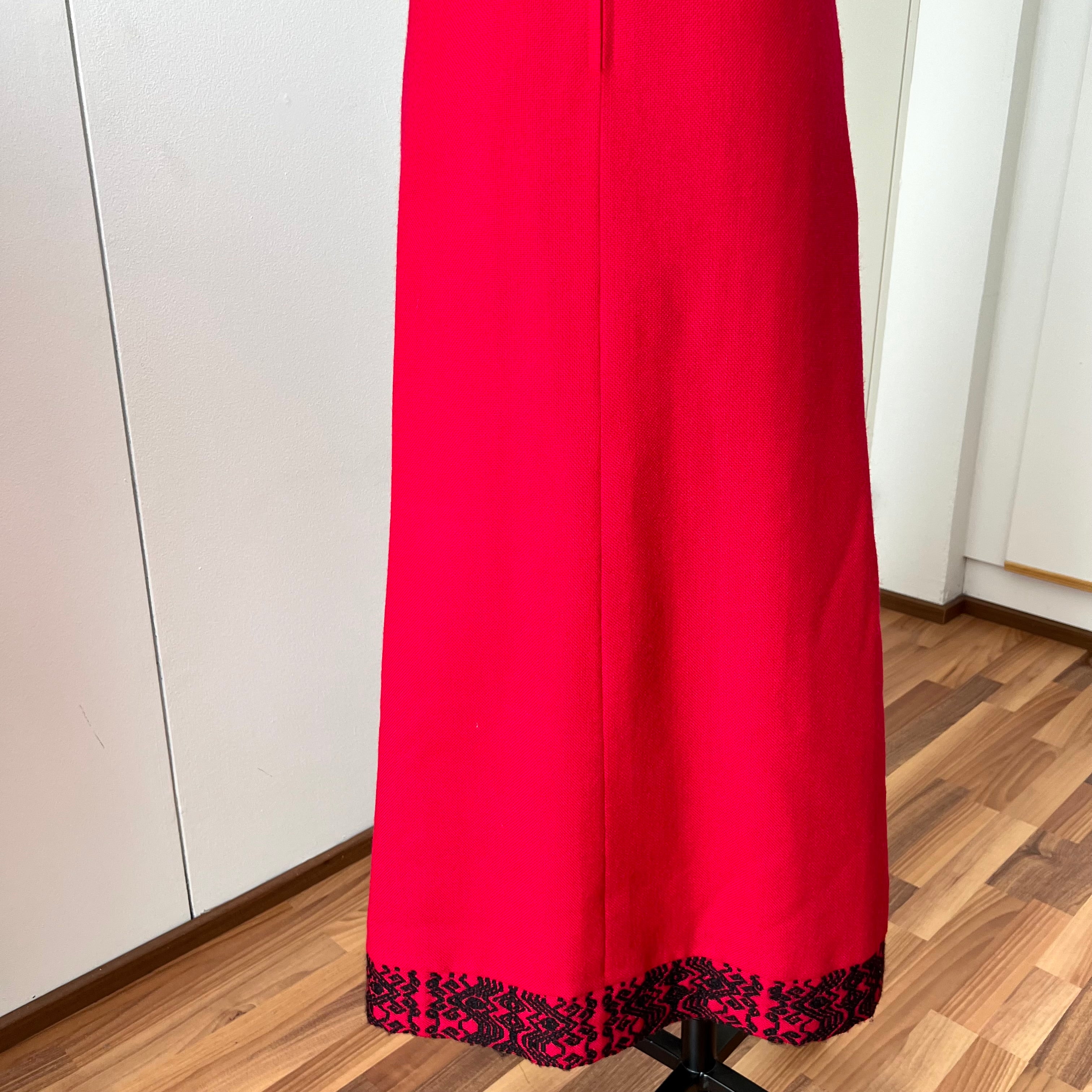1970s Vintage Red Wool Maxi Dress Empire Waist Flutter Sleeves Floor Length Dress