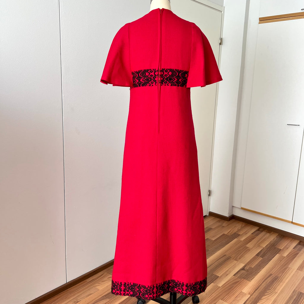 1970s Vintage Red Wool Maxi Dress Empire Waist Flutter Sleeves Floor Length Dress