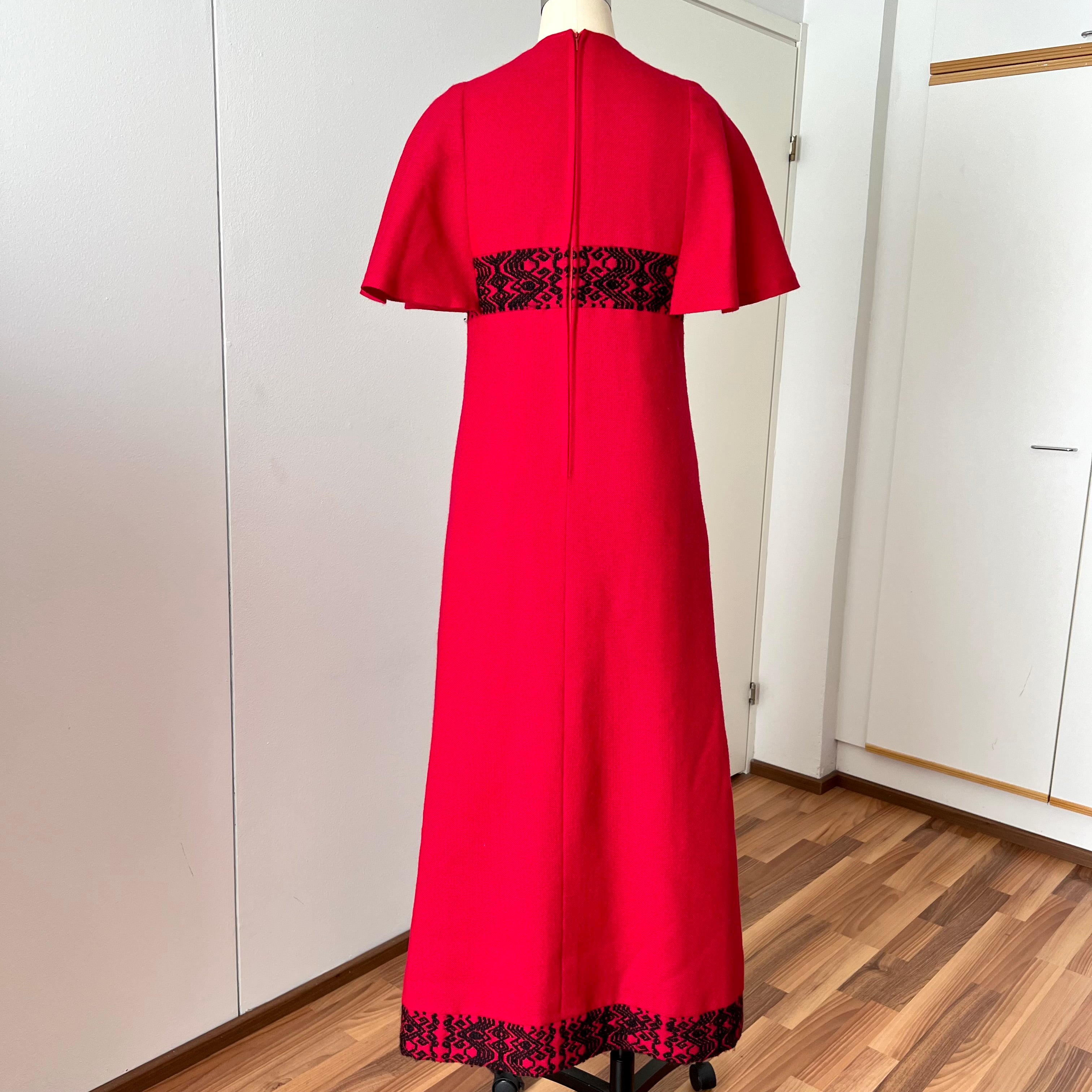 1970s Vintage Red Wool Maxi Dress Empire Waist Flutter Sleeves Floor Length Dress