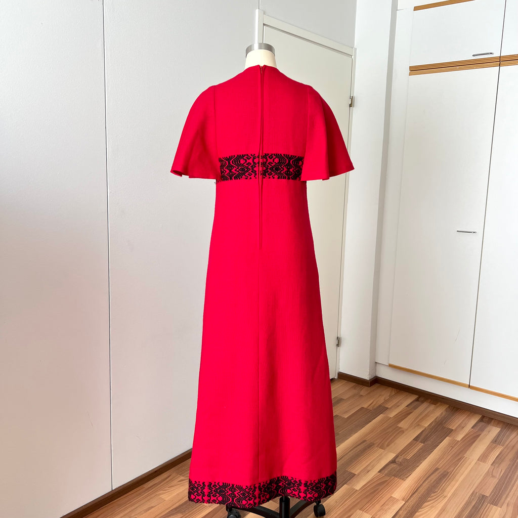 1970s Vintage Red Wool Maxi Dress Empire Waist Flutter Sleeves Floor Length Dress