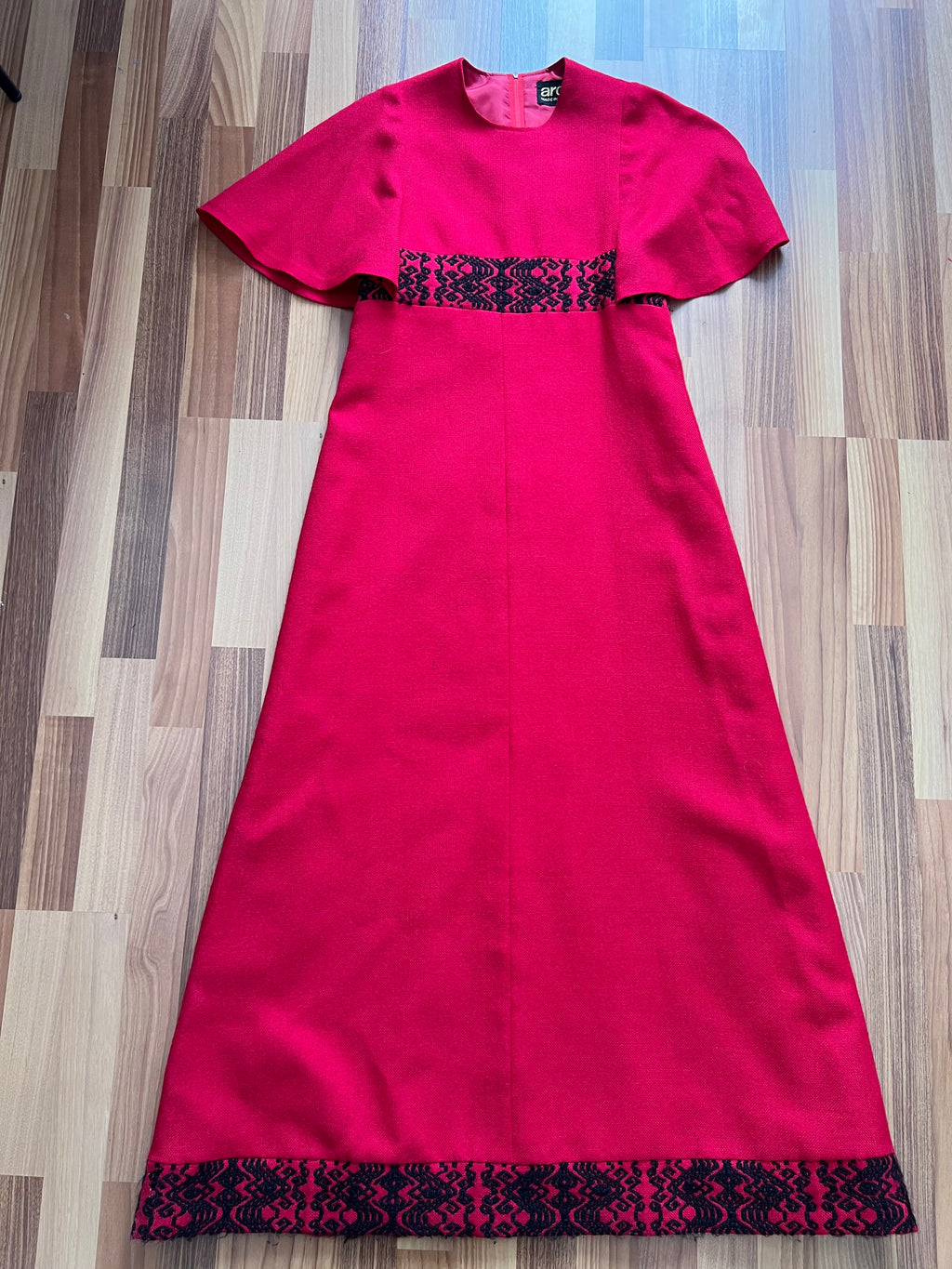 1970s Vintage Red Wool Maxi Dress Empire Waist Flutter Sleeves Floor Length Dress