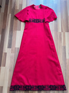 1970s Vintage Red Wool Maxi Dress Empire Waist Flutter Sleeves Floor Length Dress