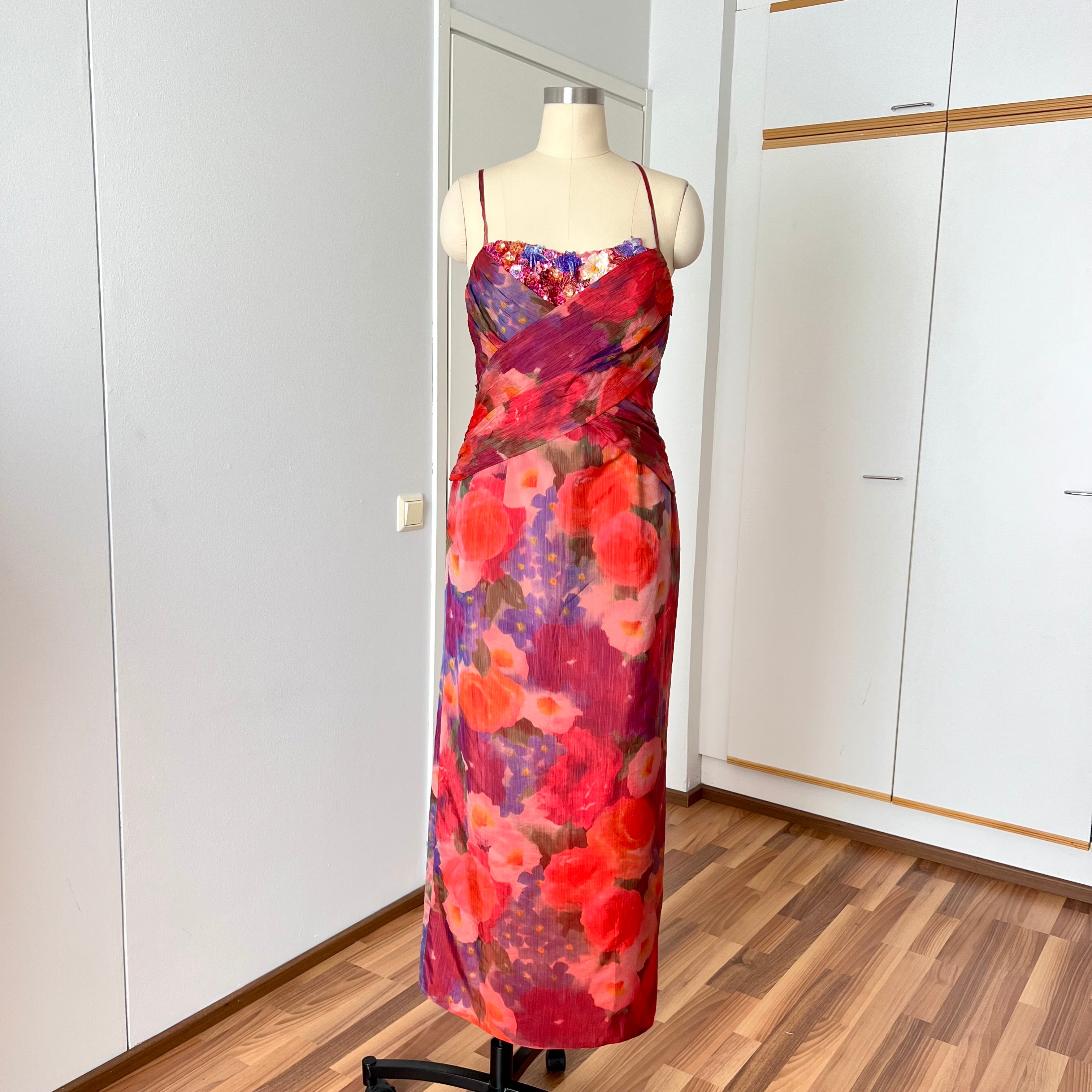 1990s Vintage Watercolor Vera Mont Evening Gown-Spaghetti Straps  Floral Maxi Dress