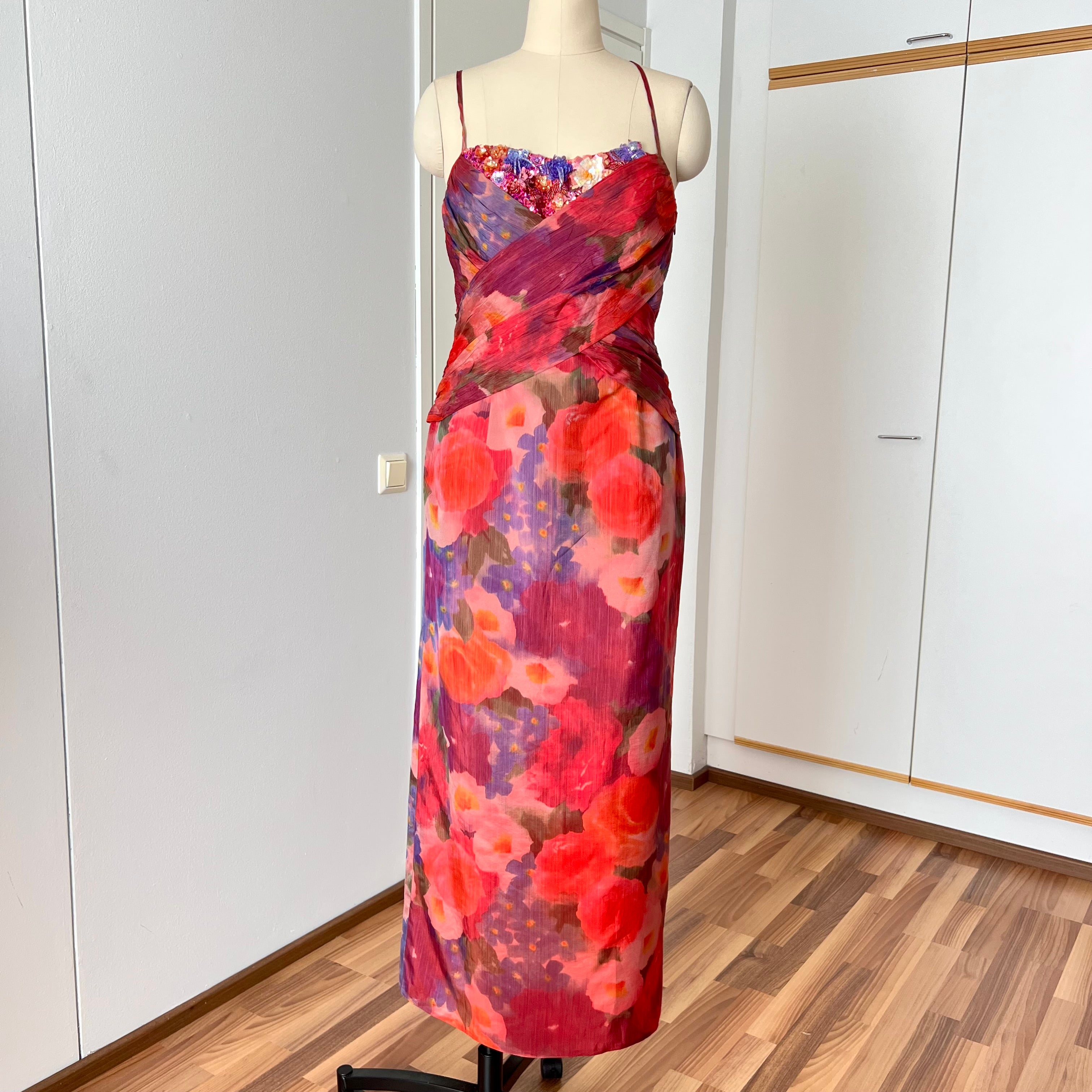 1990s Vintage Watercolor Vera Mont Evening Gown-Spaghetti Straps  Floral Maxi Dress