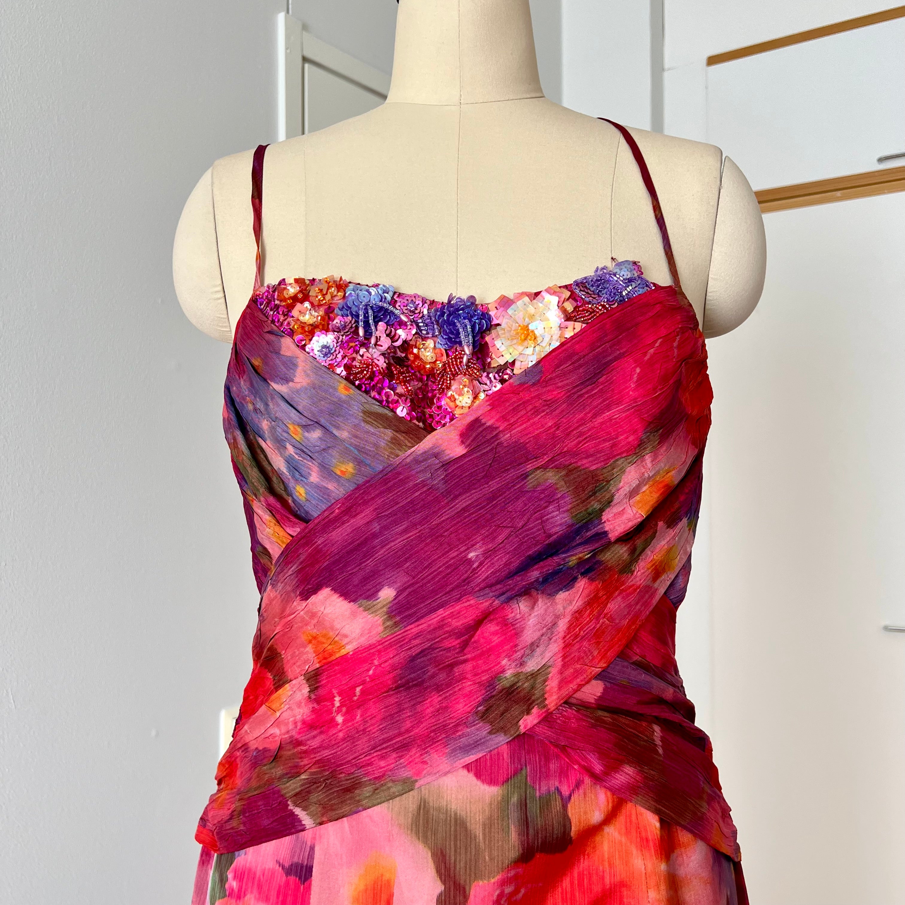 1990s Vintage Watercolor Vera Mont Evening Gown-Spaghetti Straps  Floral Maxi Dress