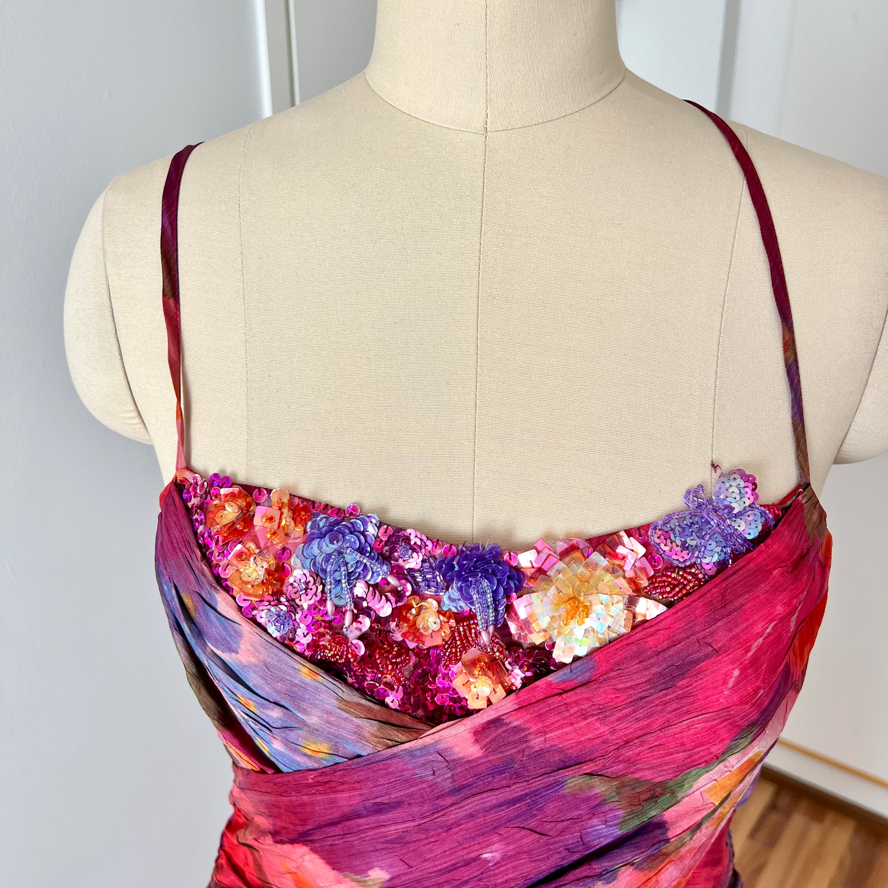 1990s Vintage Watercolor Vera Mont Evening Gown-Spaghetti Straps  Floral Maxi Dress