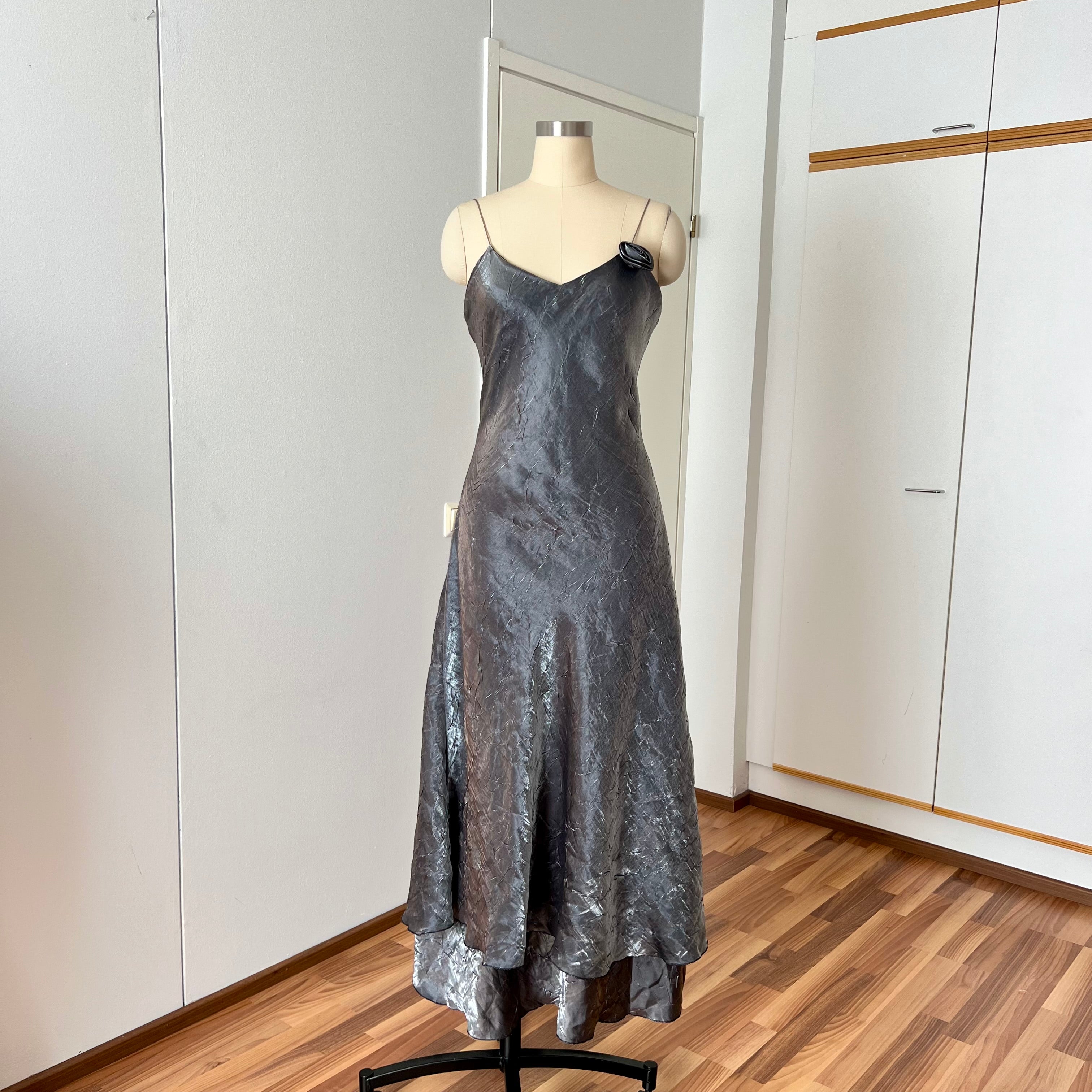 1990s Metallic Slip Maxi Dress Spaghetti Straps Layered Whimsygoth Evening Gown