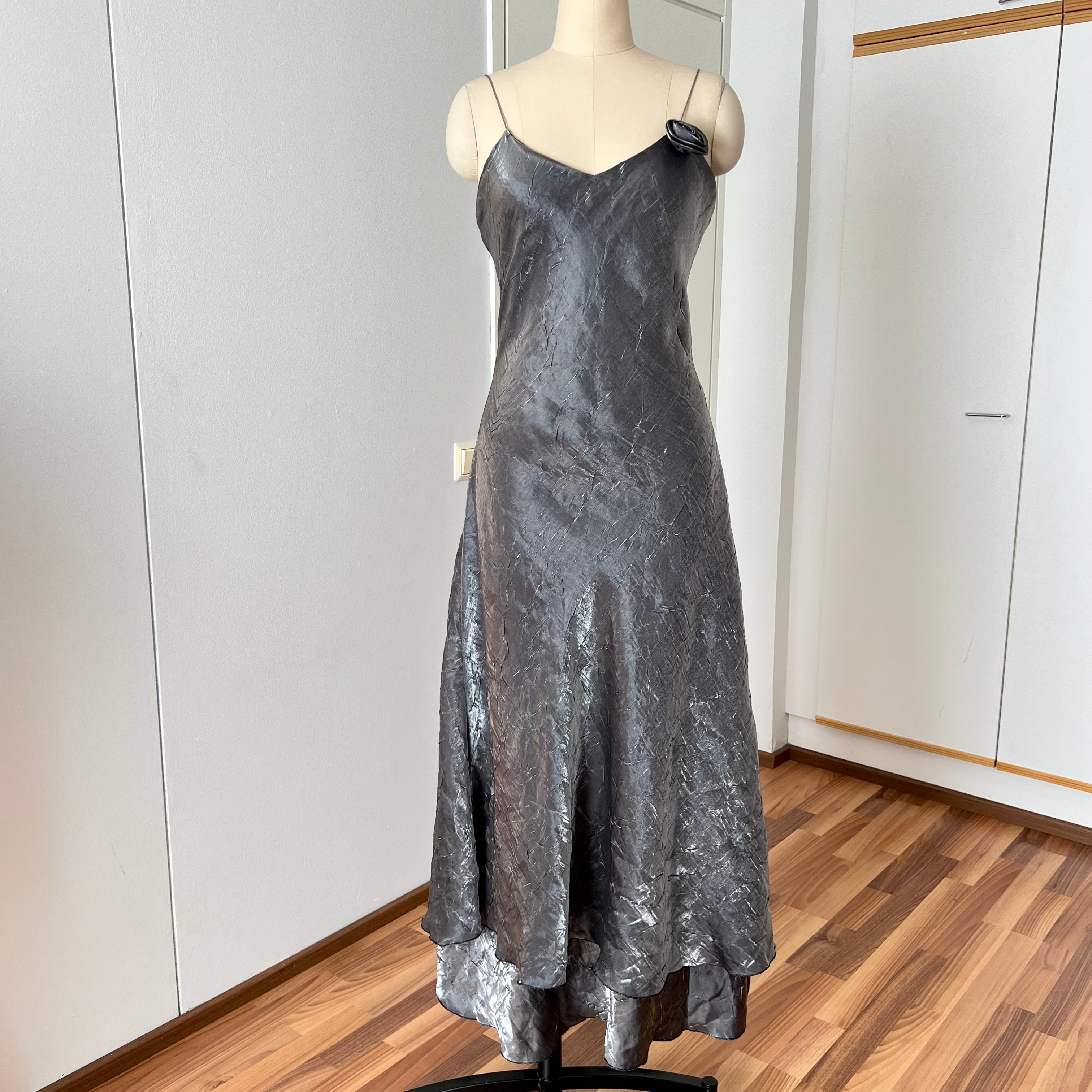 1990s Metallic Slip Maxi Dress Spaghetti Straps Layered Whimsygoth Evening Gown