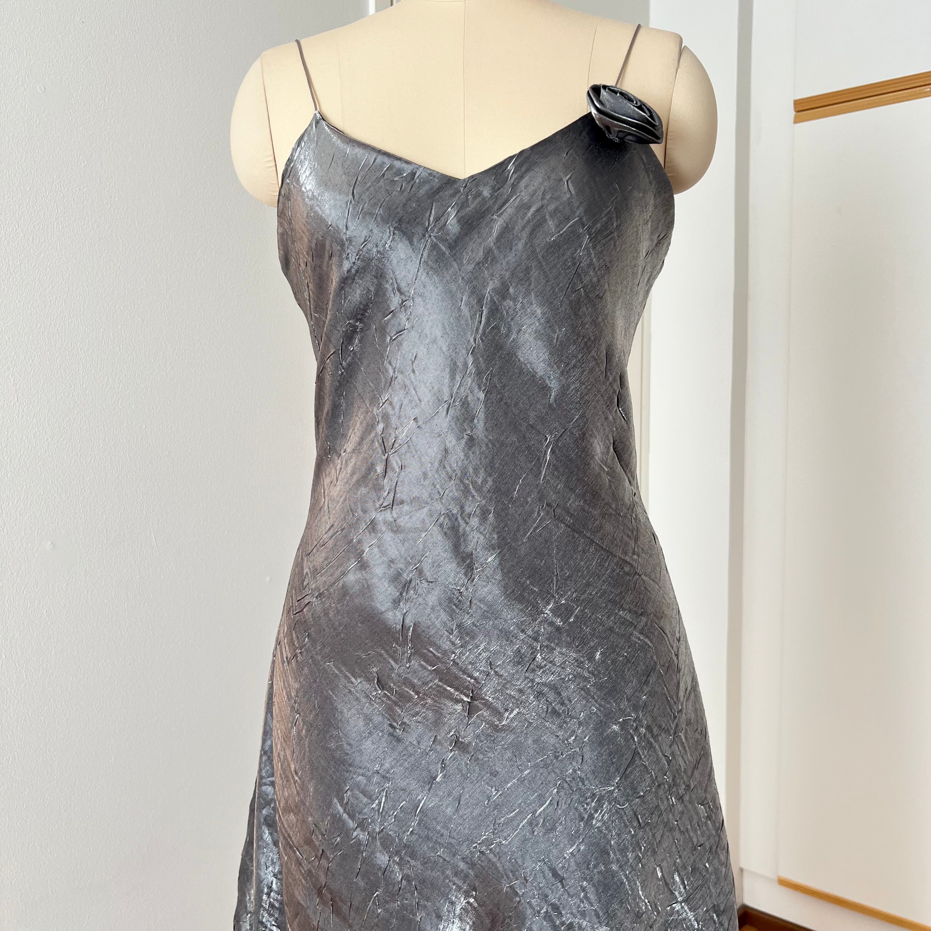 1990s Metallic Slip Maxi Dress Spaghetti Straps Layered Whimsygoth Evening Gown