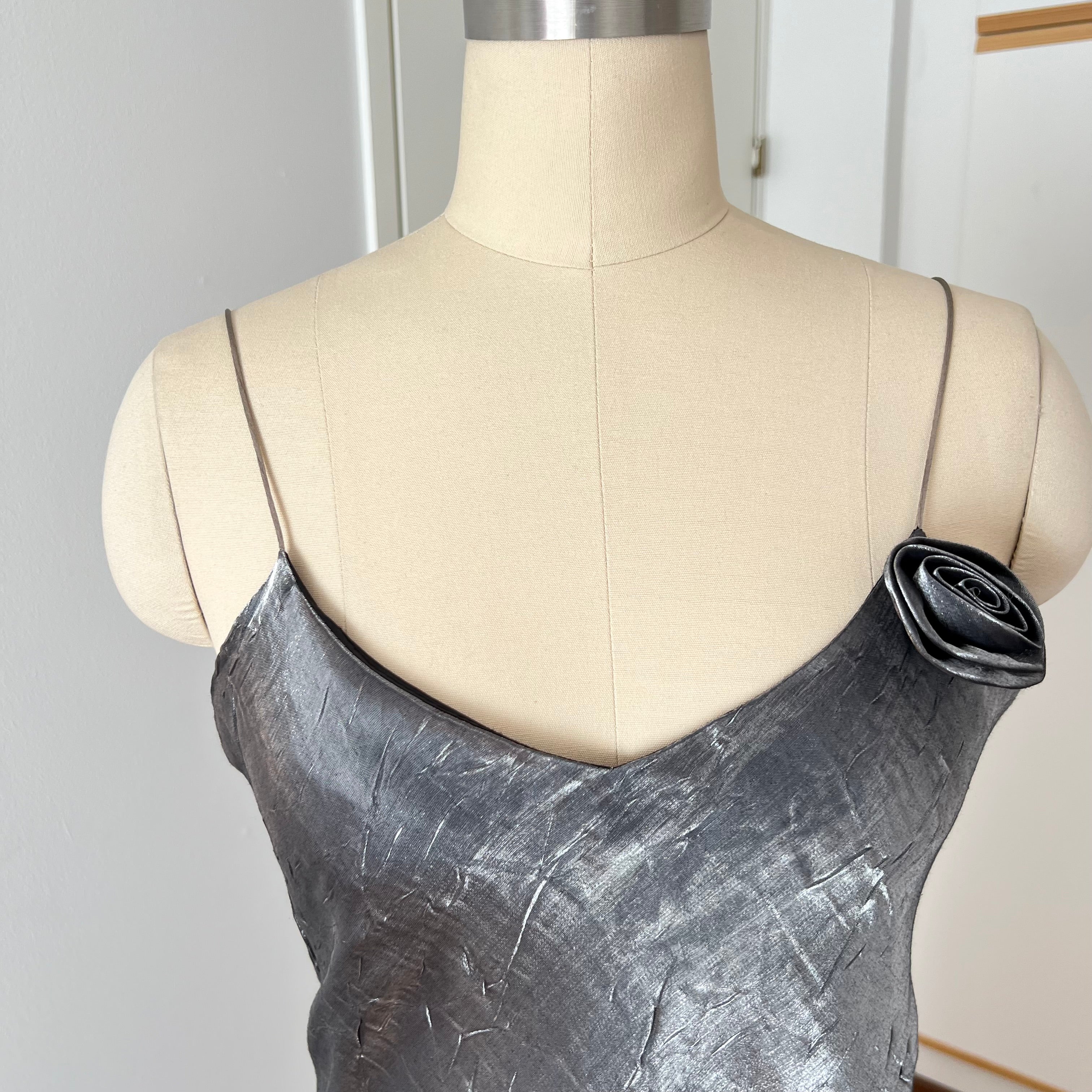 1990s Metallic Slip Maxi Dress Spaghetti Straps Layered Whimsygoth Evening Gown