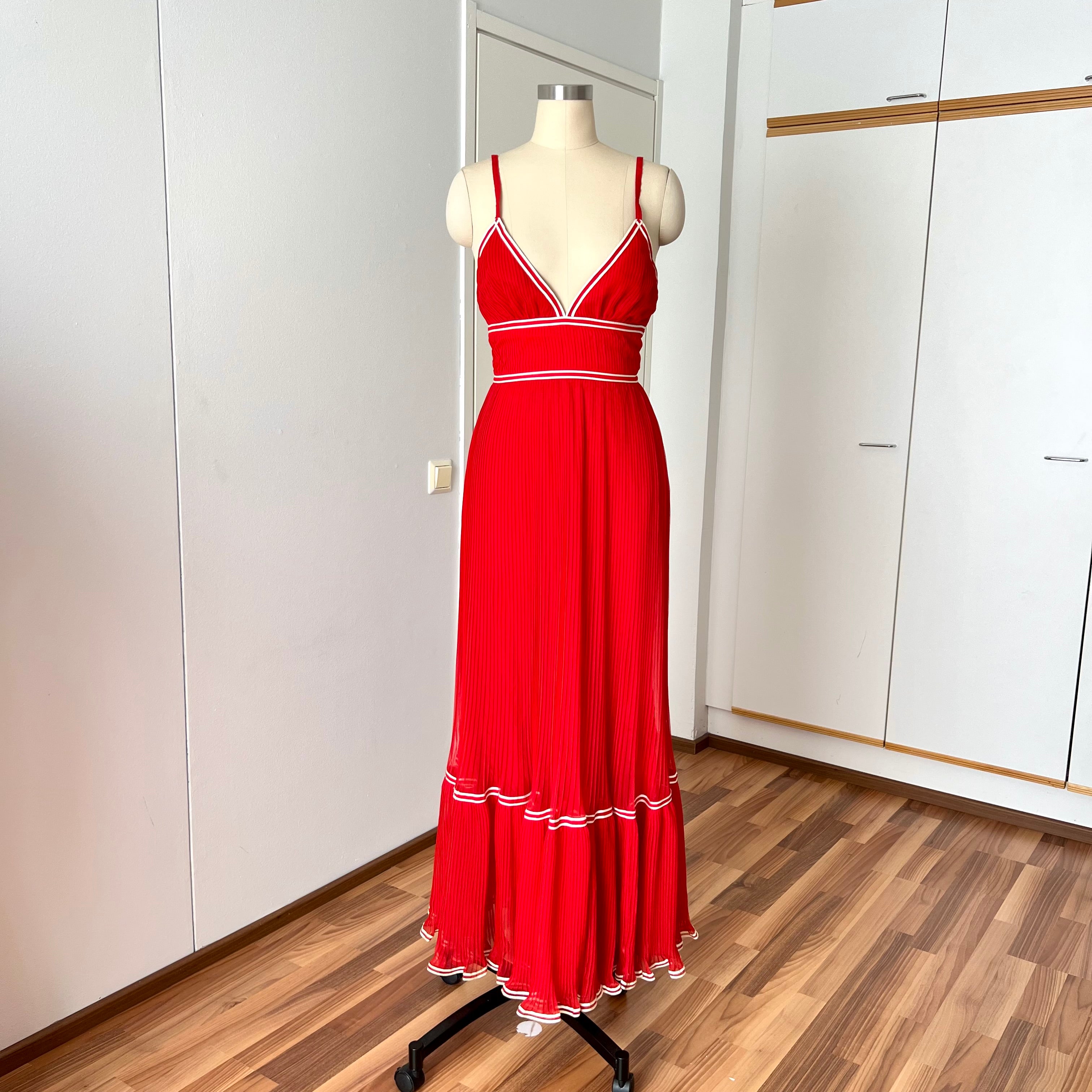 1970s Pleated Tiered Maxi Dress Red Boho Spaghetti Strap Floor Length Gown EU 36