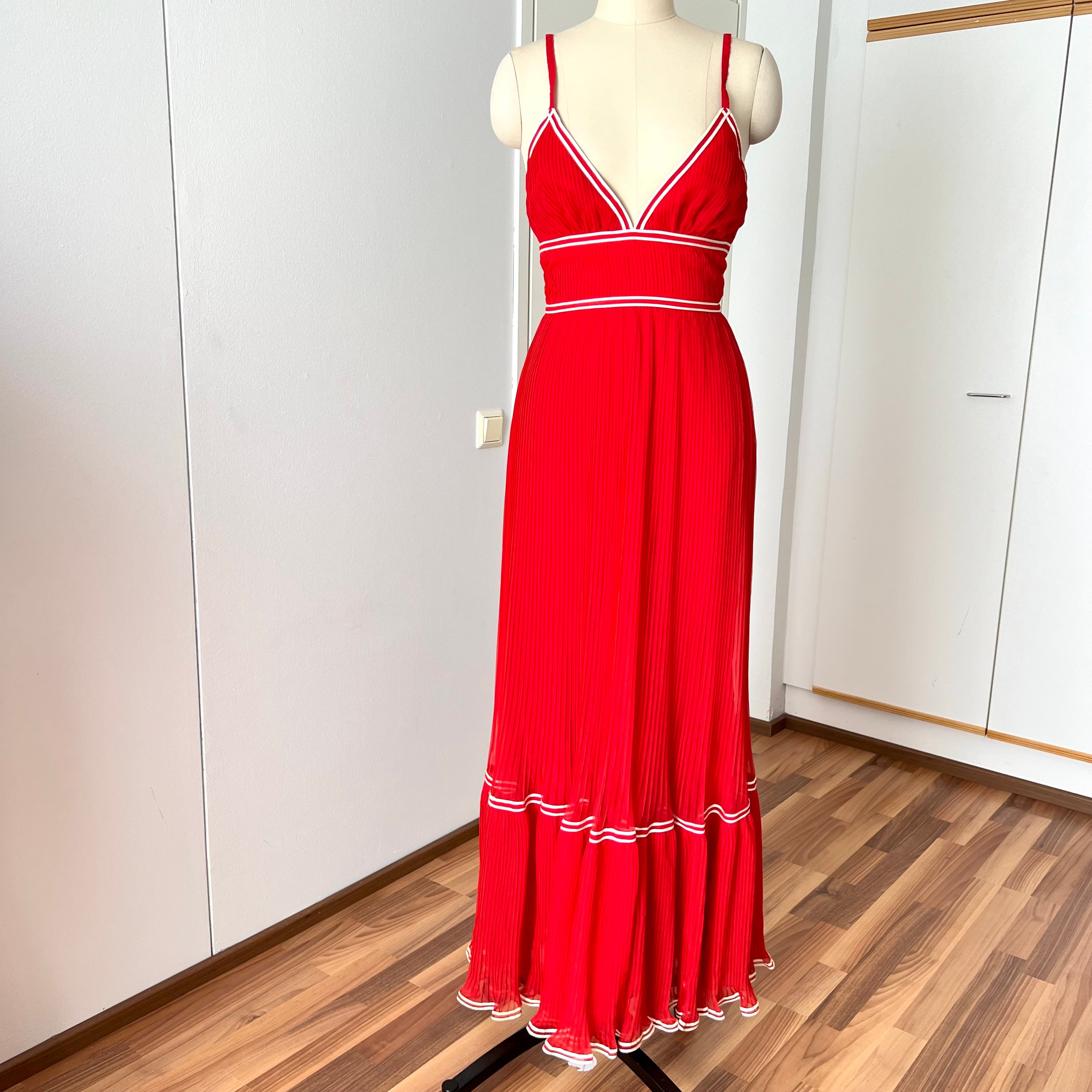 1970s Pleated Tiered Maxi Dress Red Boho Spaghetti Strap Floor Length Gown EU 36