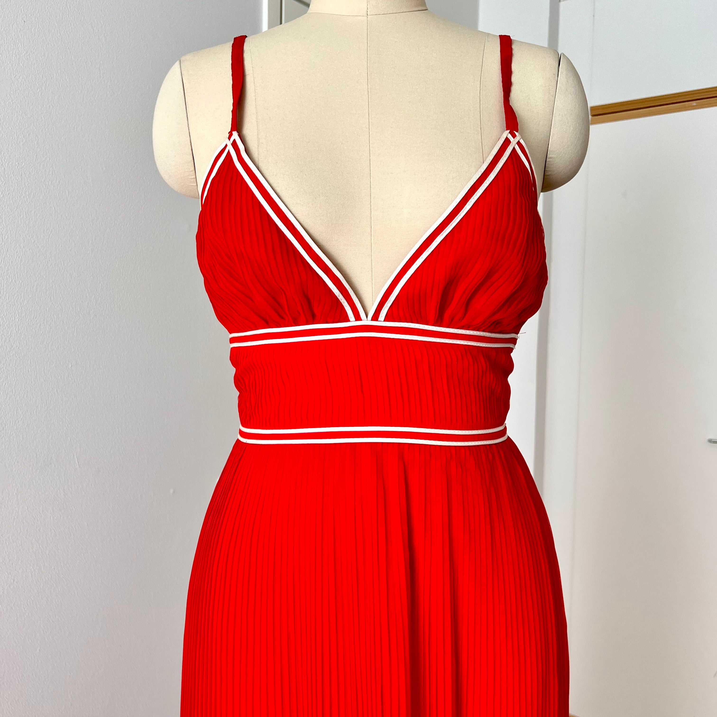 1970s Pleated Tiered Maxi Dress Red Boho Spaghetti Strap Floor Length Gown EU 36