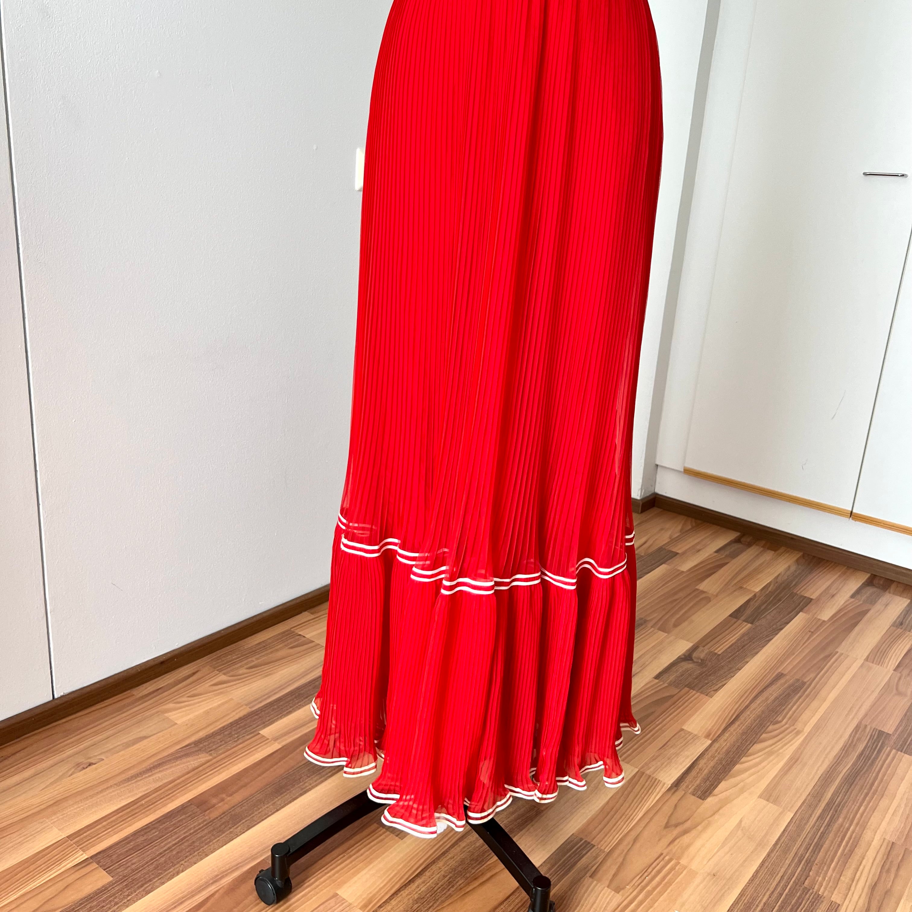 1970s Pleated Tiered Maxi Dress Red Boho Spaghetti Strap Floor Length Gown EU 36