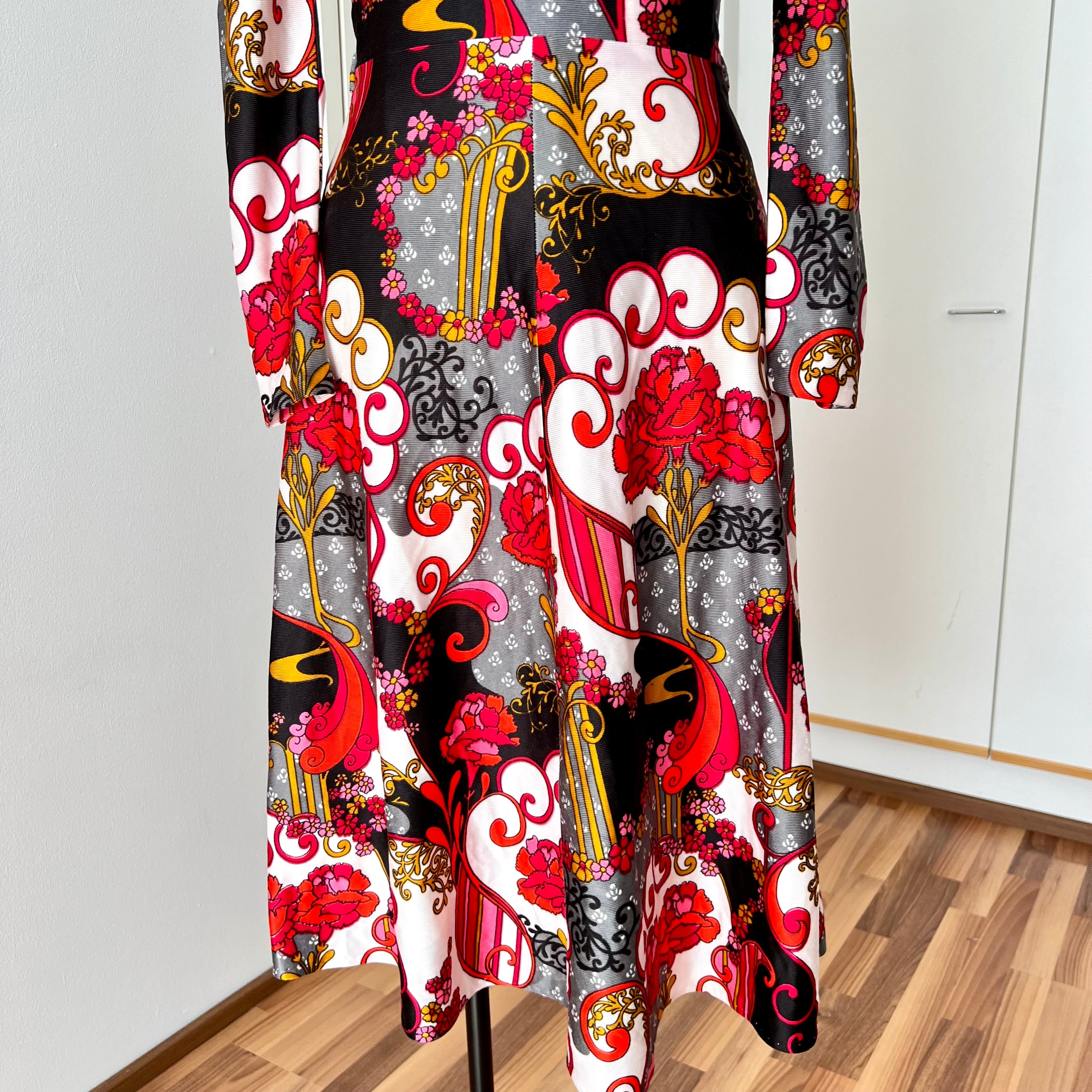 1970s Floral Psychedelic Midi Dress Long Sleeves Aline V Neck Retro Boho Hipppy