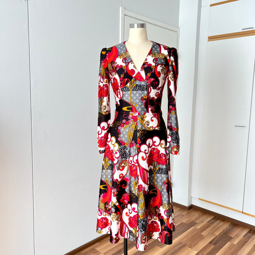 1970s Floral Psychedelic Midi Dress Long Sleeves Aline V Neck Retro Boho Hipppy