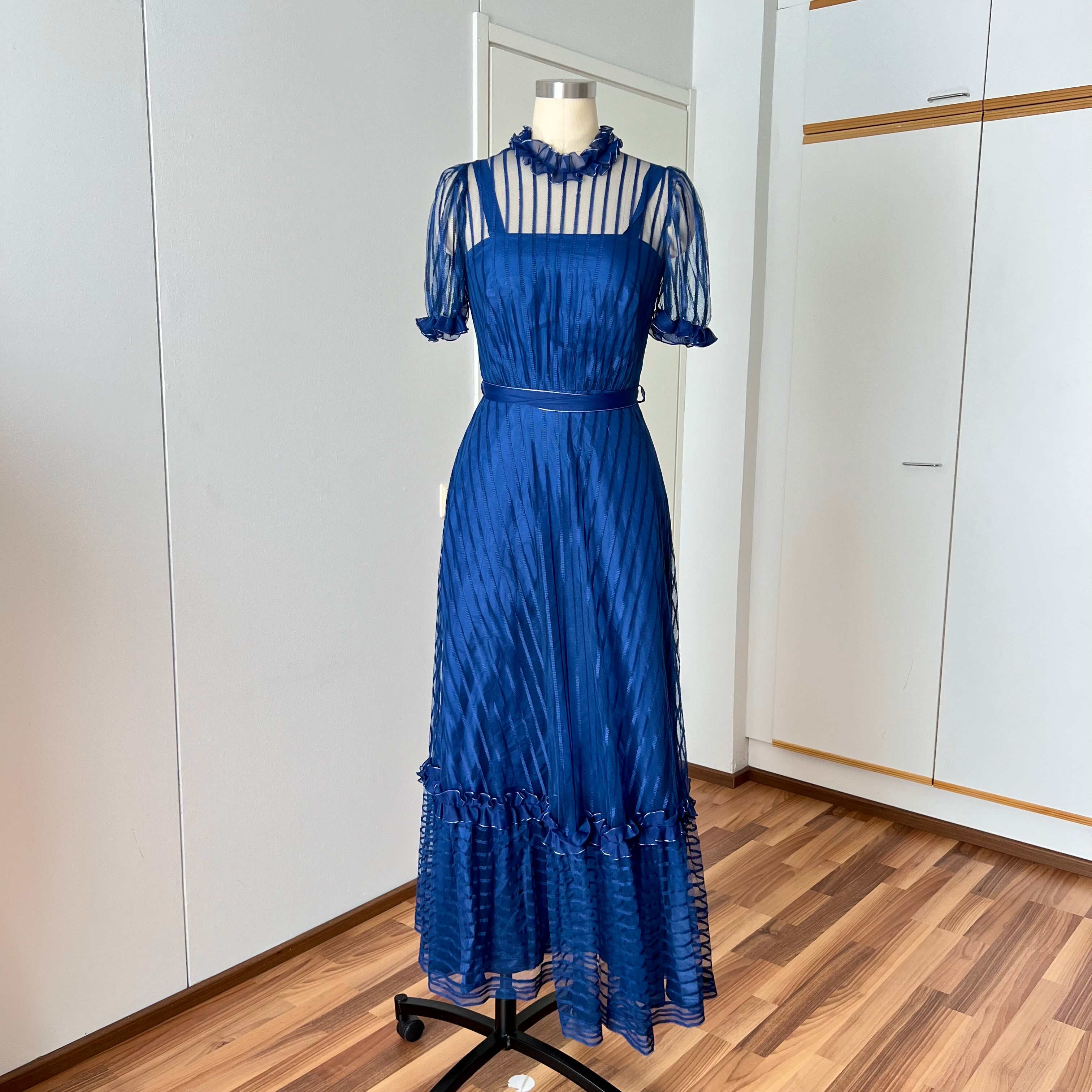 1970s Vintage Romantic Prairie Maxi Dress Blue Ruffle Victorian Cottagecore Gown