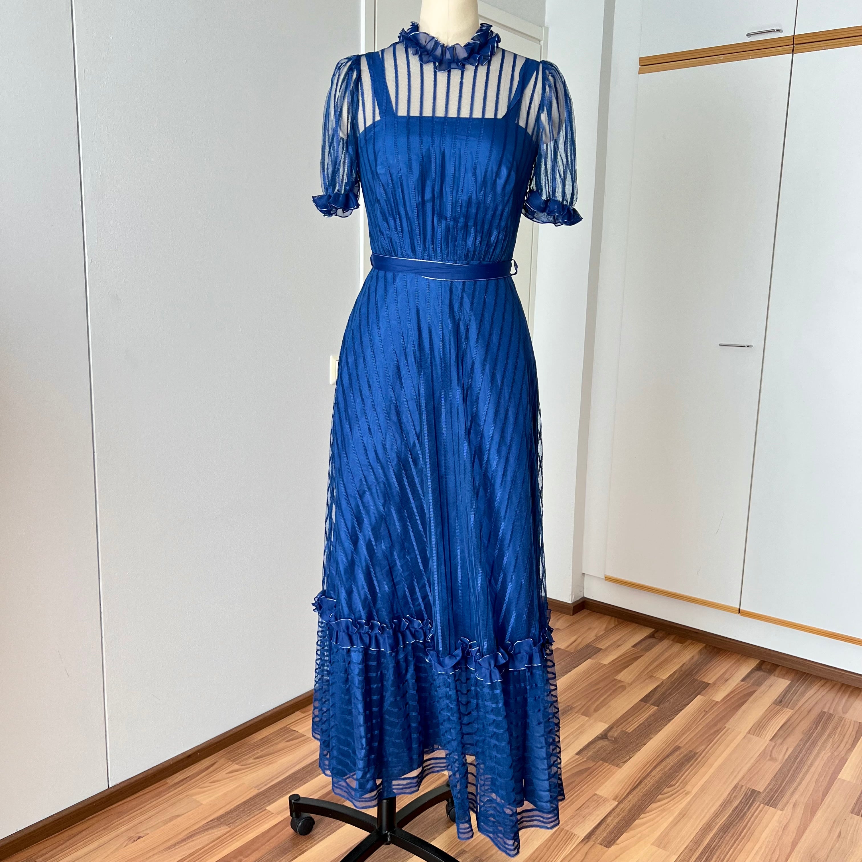 1970s Vintage Romantic Prairie Maxi Dress Blue Ruffle Victorian Cottagecore Gown