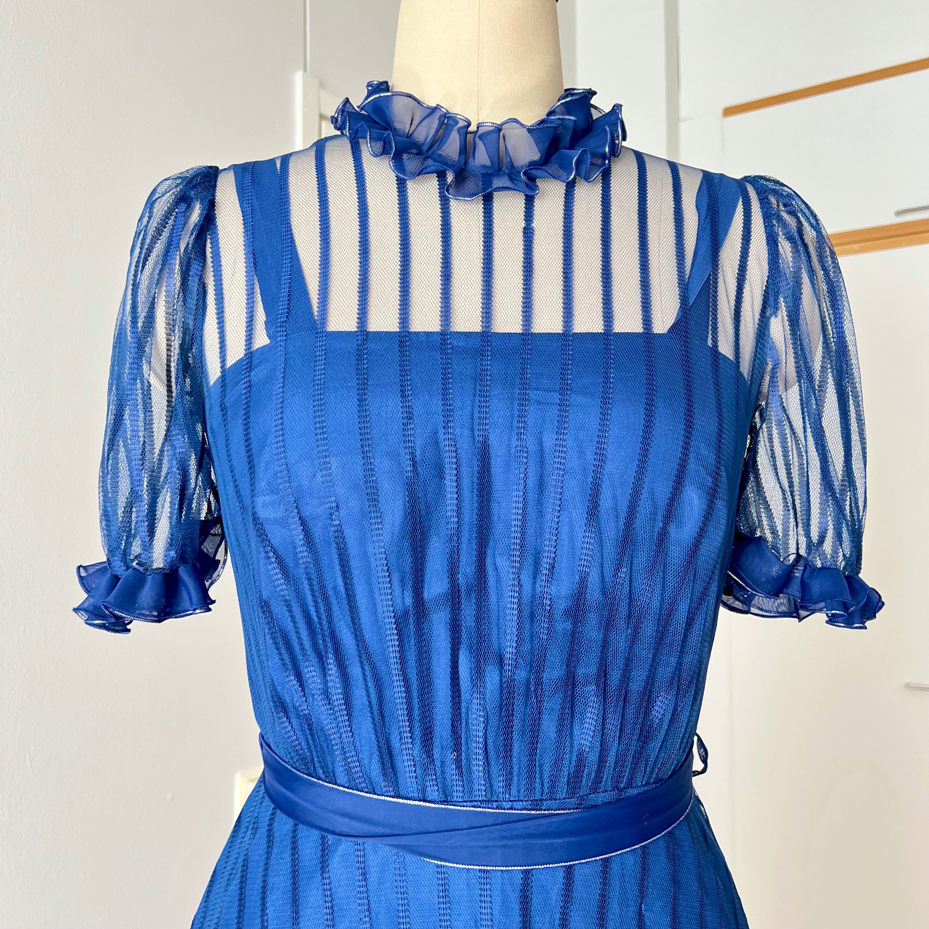 1970s Vintage Romantic Prairie Maxi Dress Blue Ruffle Victorian Cottagecore Gown