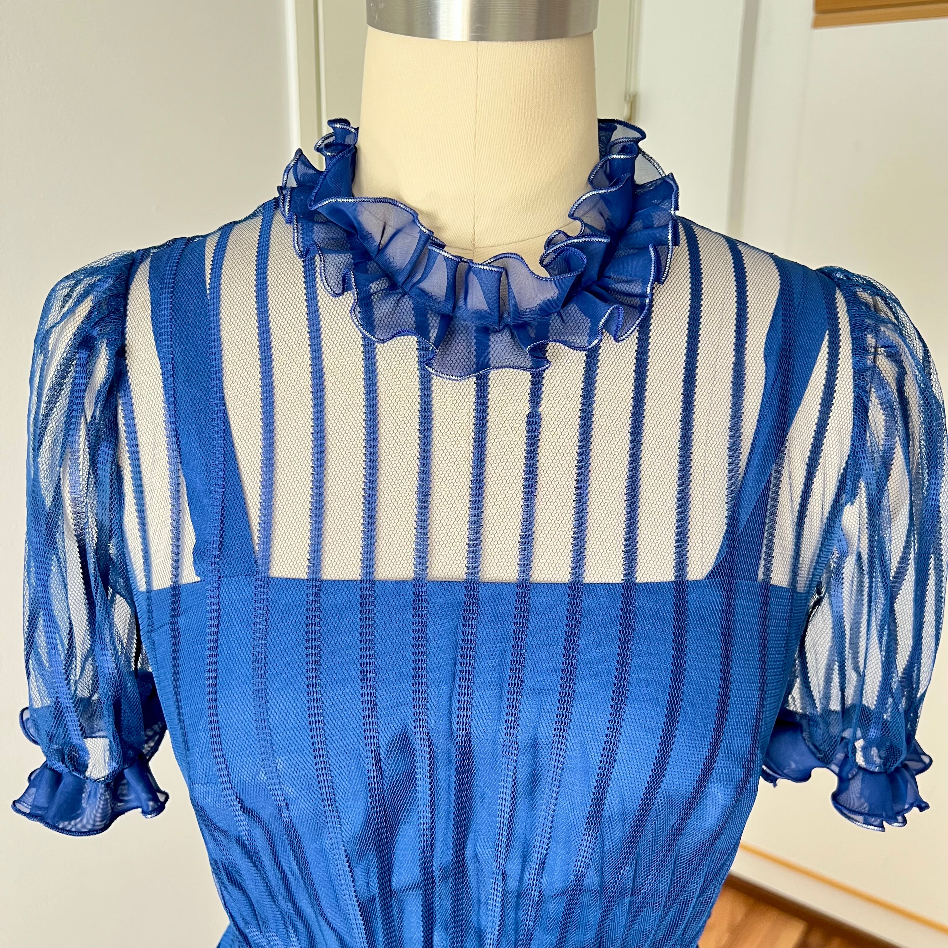 1970s Vintage Romantic Prairie Maxi Dress Blue Ruffle Victorian Cottagecore Gown