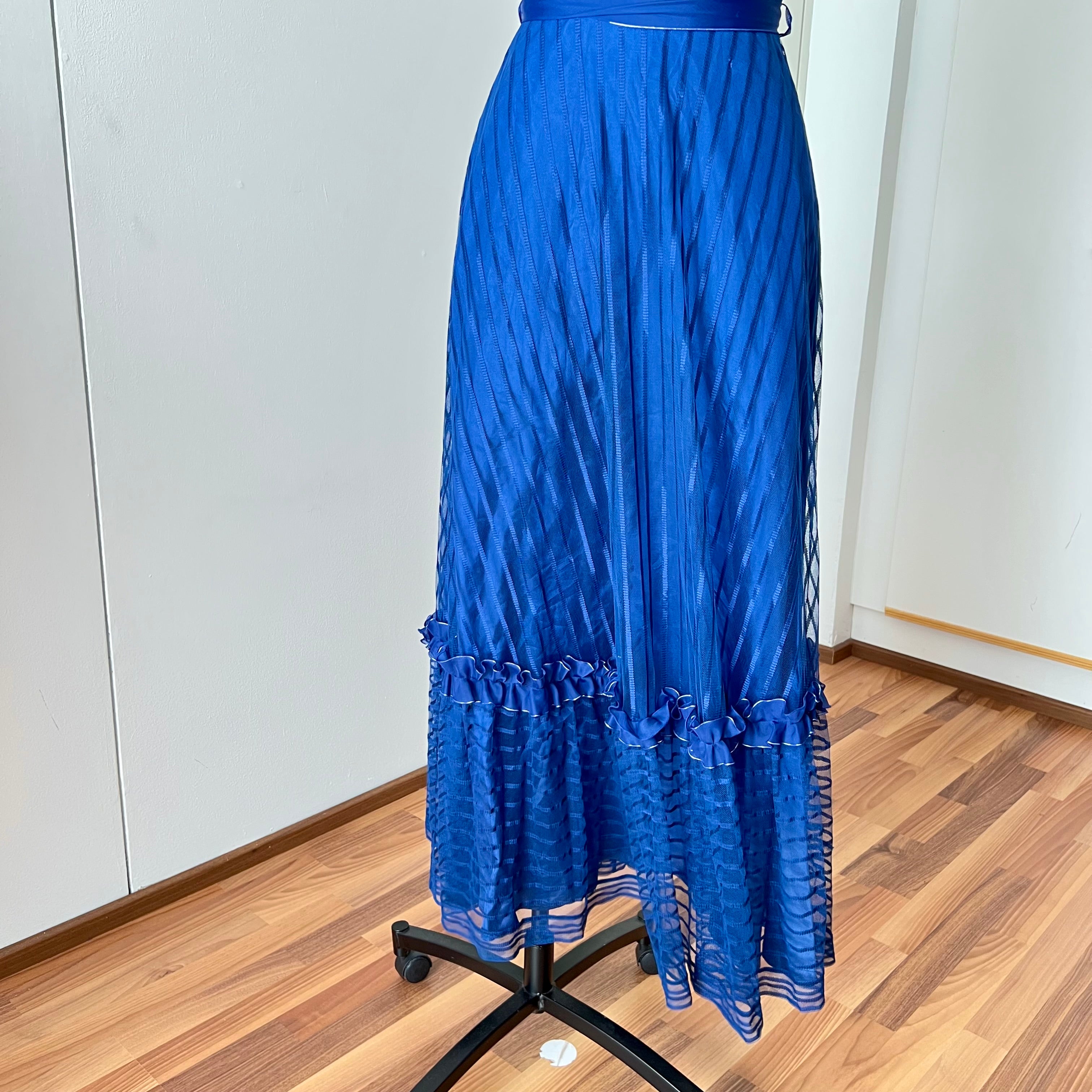 1970s Vintage Romantic Prairie Maxi Dress Blue Ruffle Victorian Cottagecore Gown