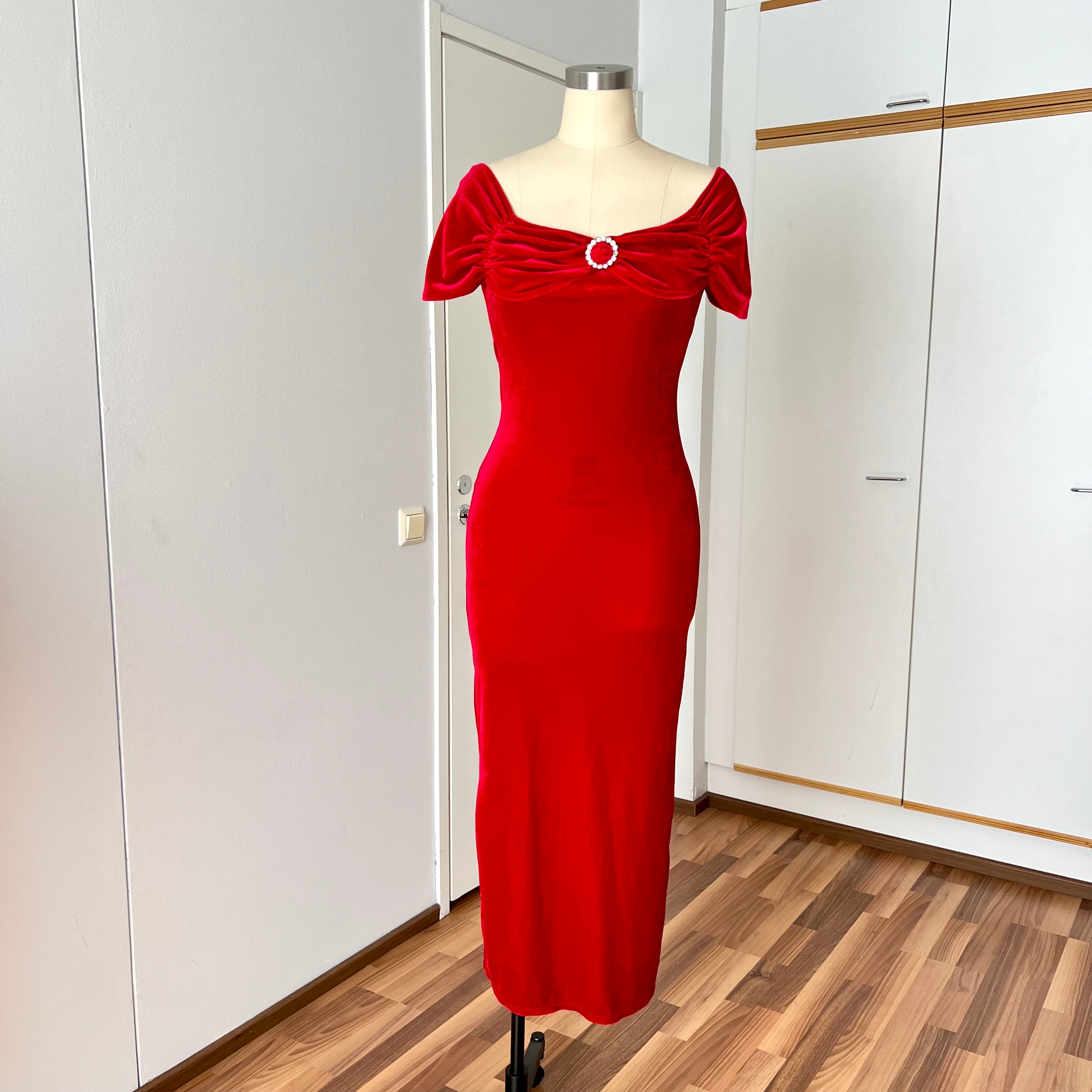 80s 90s Red Velvet Bodycon Dress Off Shoulder Midi Old Hollywood Glam Retro Vamp