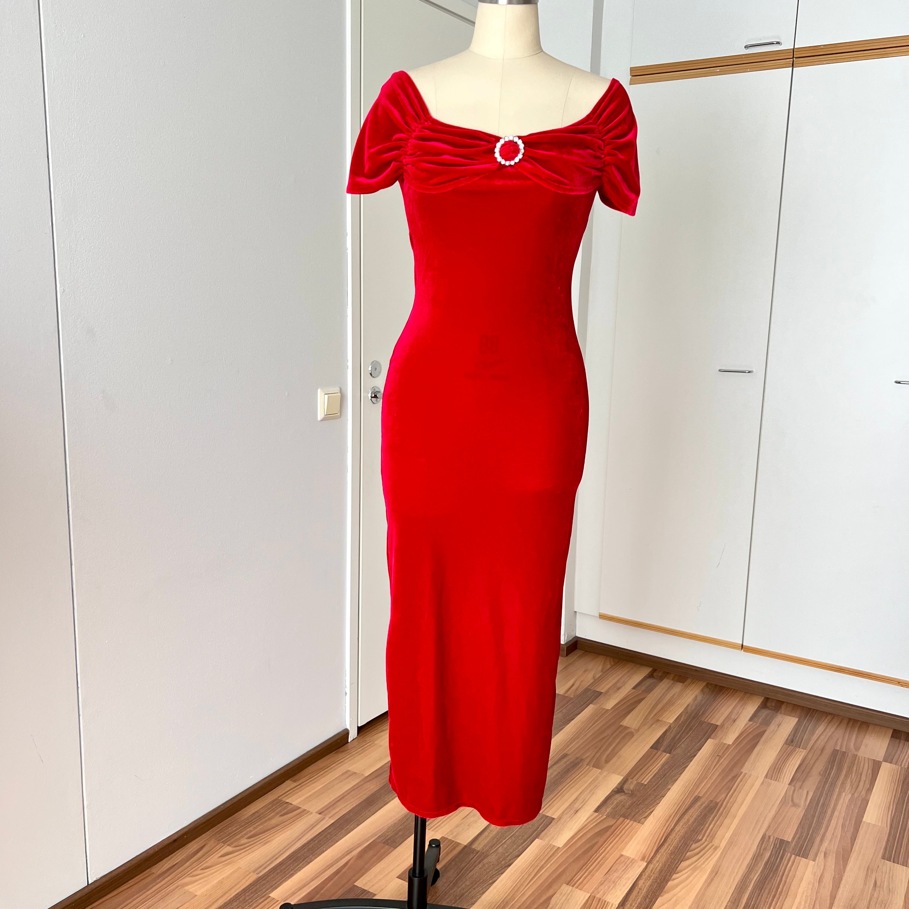80s 90s Red Velvet Bodycon Dress Off Shoulder Midi Old Hollywood Glam Retro Vamp