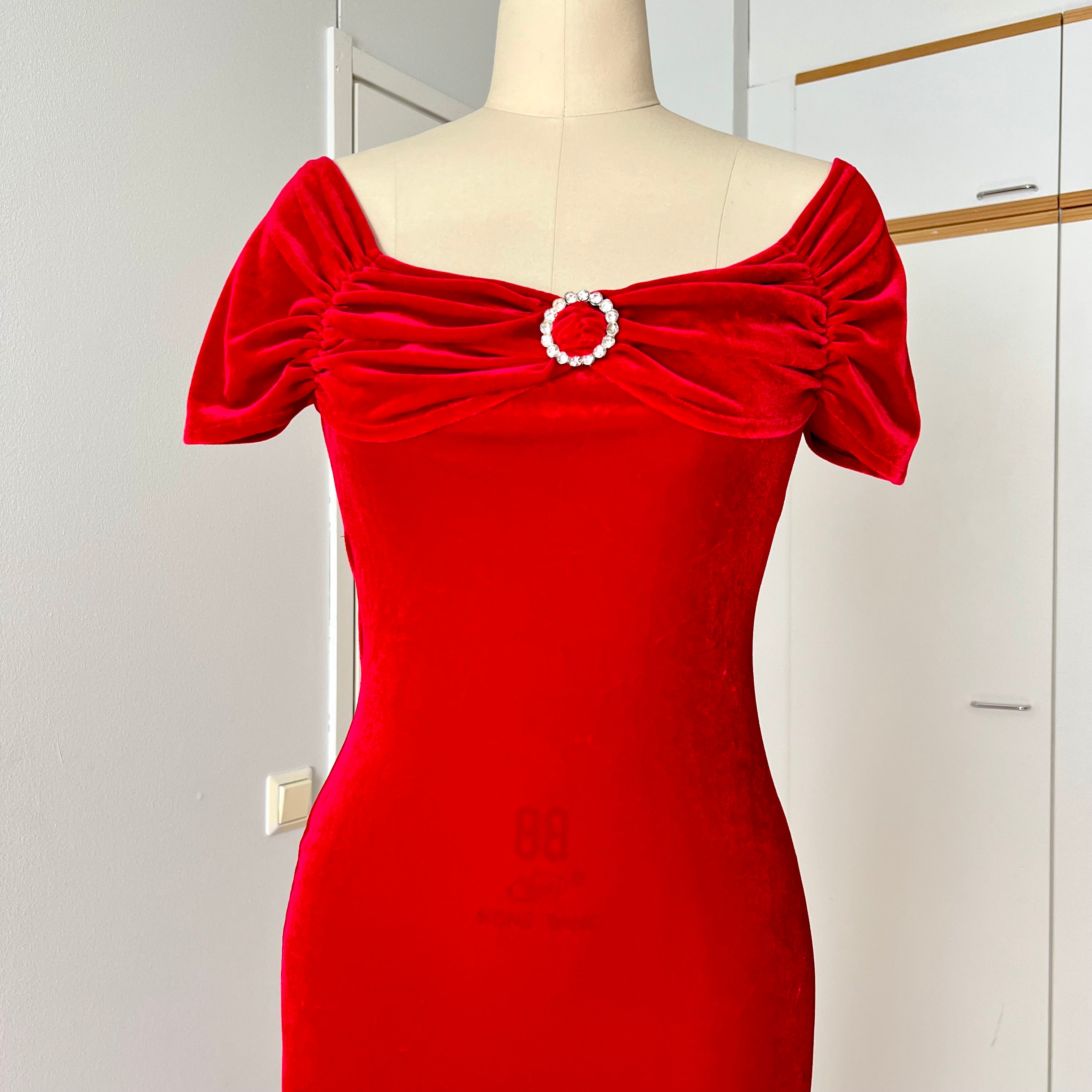 80s 90s Red Velvet Bodycon Dress Off Shoulder Midi Old Hollywood Glam Retro Vamp
