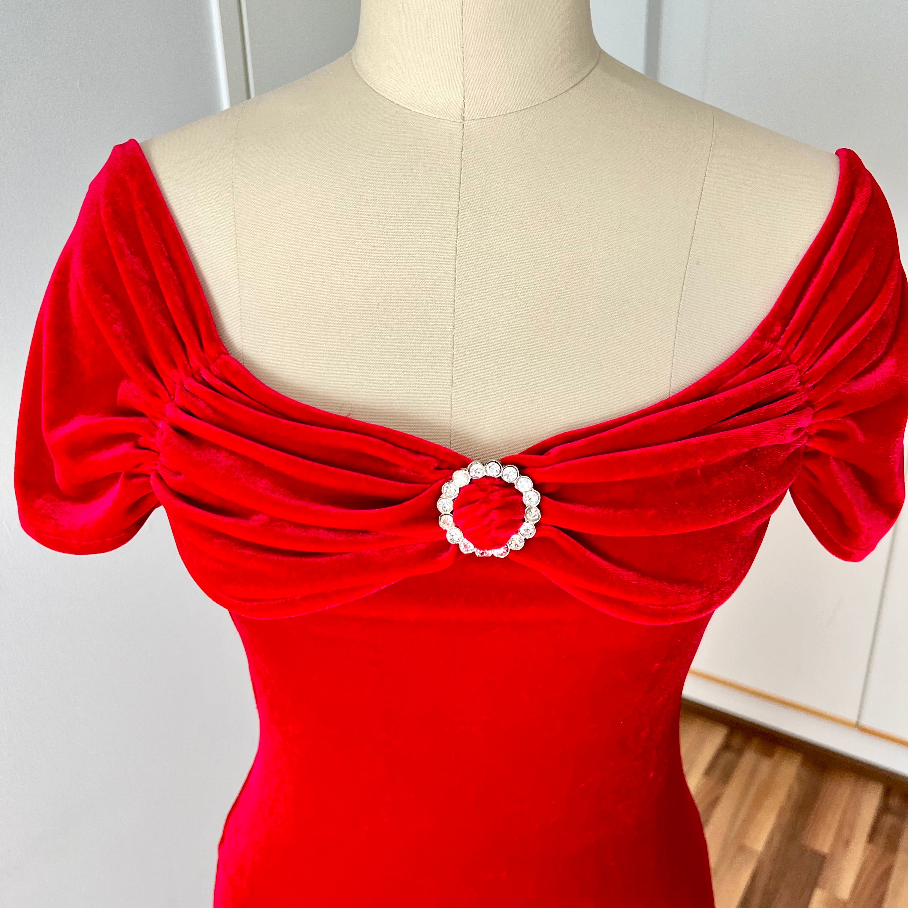 80s 90s Red Velvet Bodycon Dress Off Shoulder Midi Old Hollywood Glam Retro Vamp