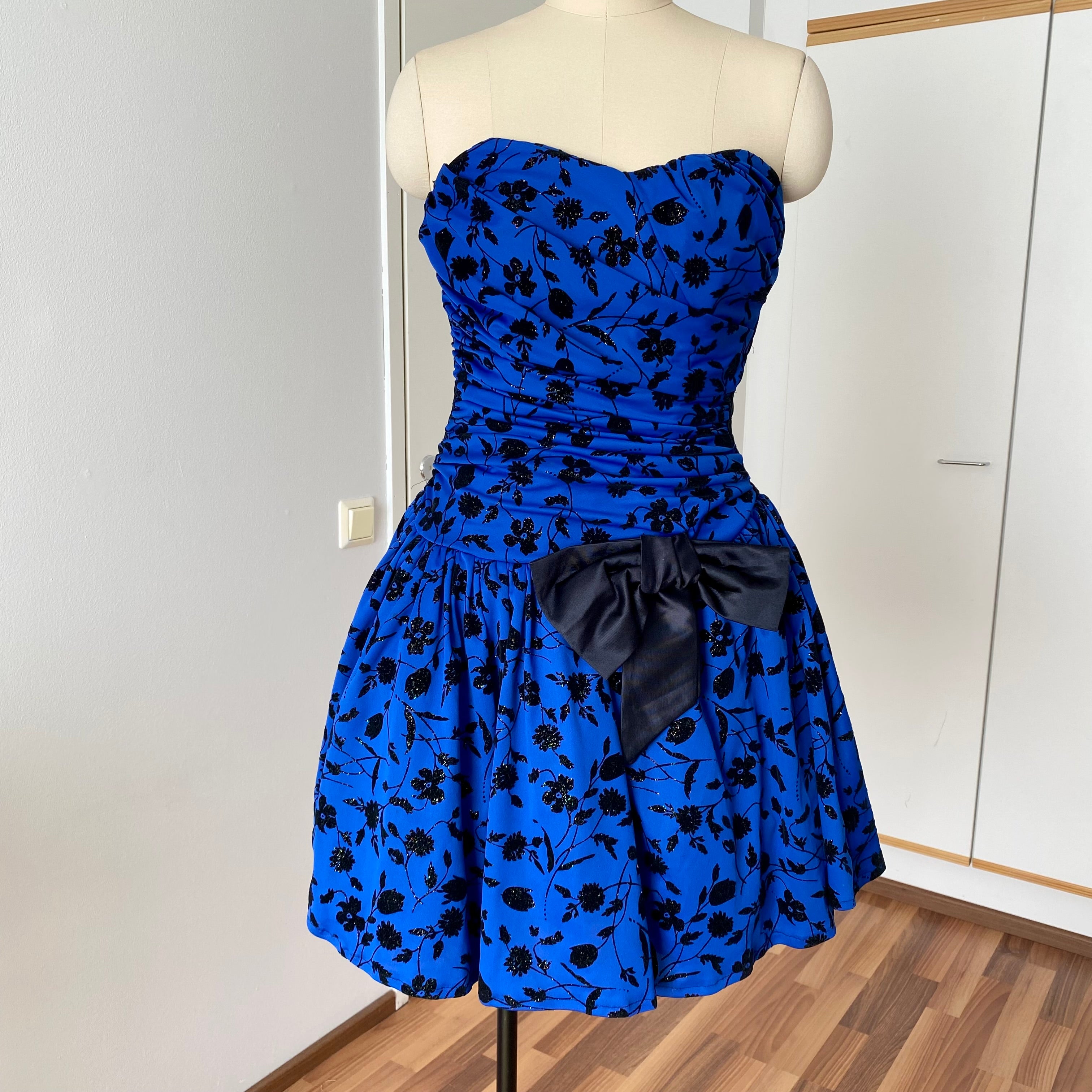 80s PATRICIA Blue Strapless Party Dress-Floral Flocked Mini Prom Dress