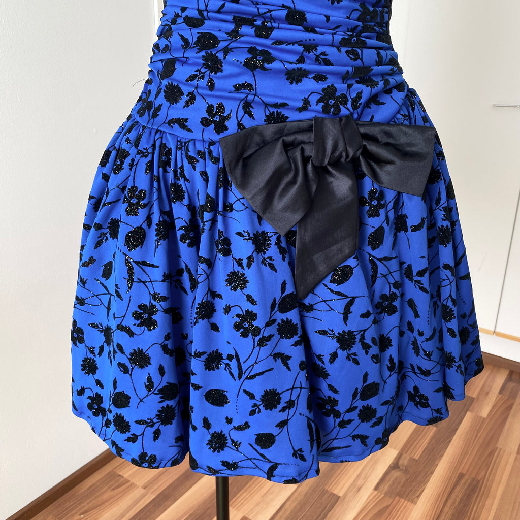 80s PATRICIA Blue Strapless Party Dress-Floral Flocked Mini Prom Dress