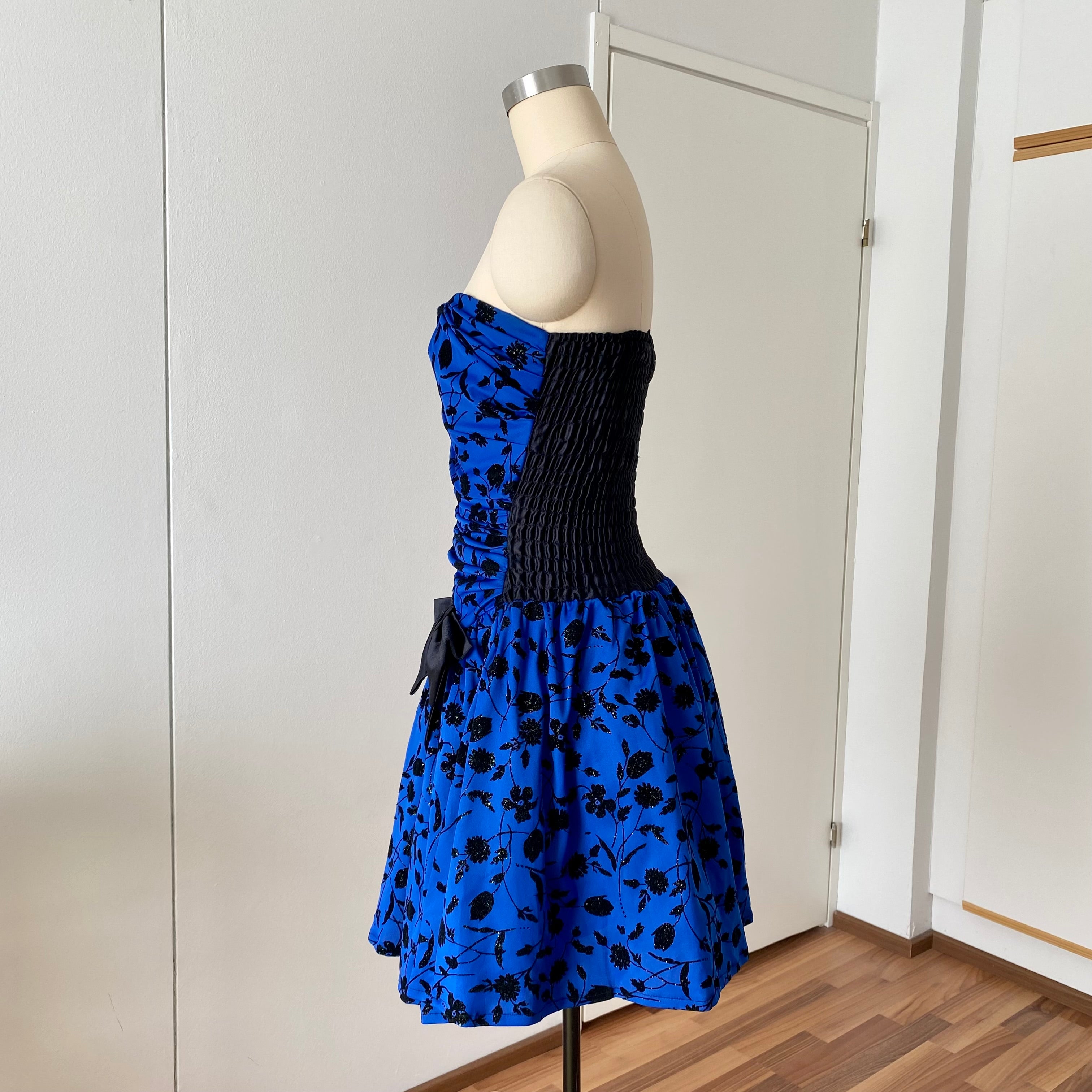 80s PATRICIA Blue Strapless Party Dress-Floral Flocked Mini Prom Dress