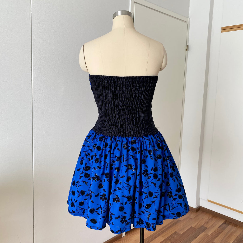 80s PATRICIA Blue Strapless Party Dress-Floral Flocked Mini Prom Dress