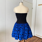80s PATRICIA Blue Strapless Party Dress-Floral Flocked Mini Prom Dress