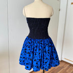 80s PATRICIA Blue Strapless Party Dress-Floral Flocked Mini Prom Dress