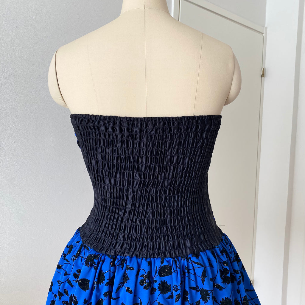 80s PATRICIA Blue Strapless Party Dress-Floral Flocked Mini Prom Dress