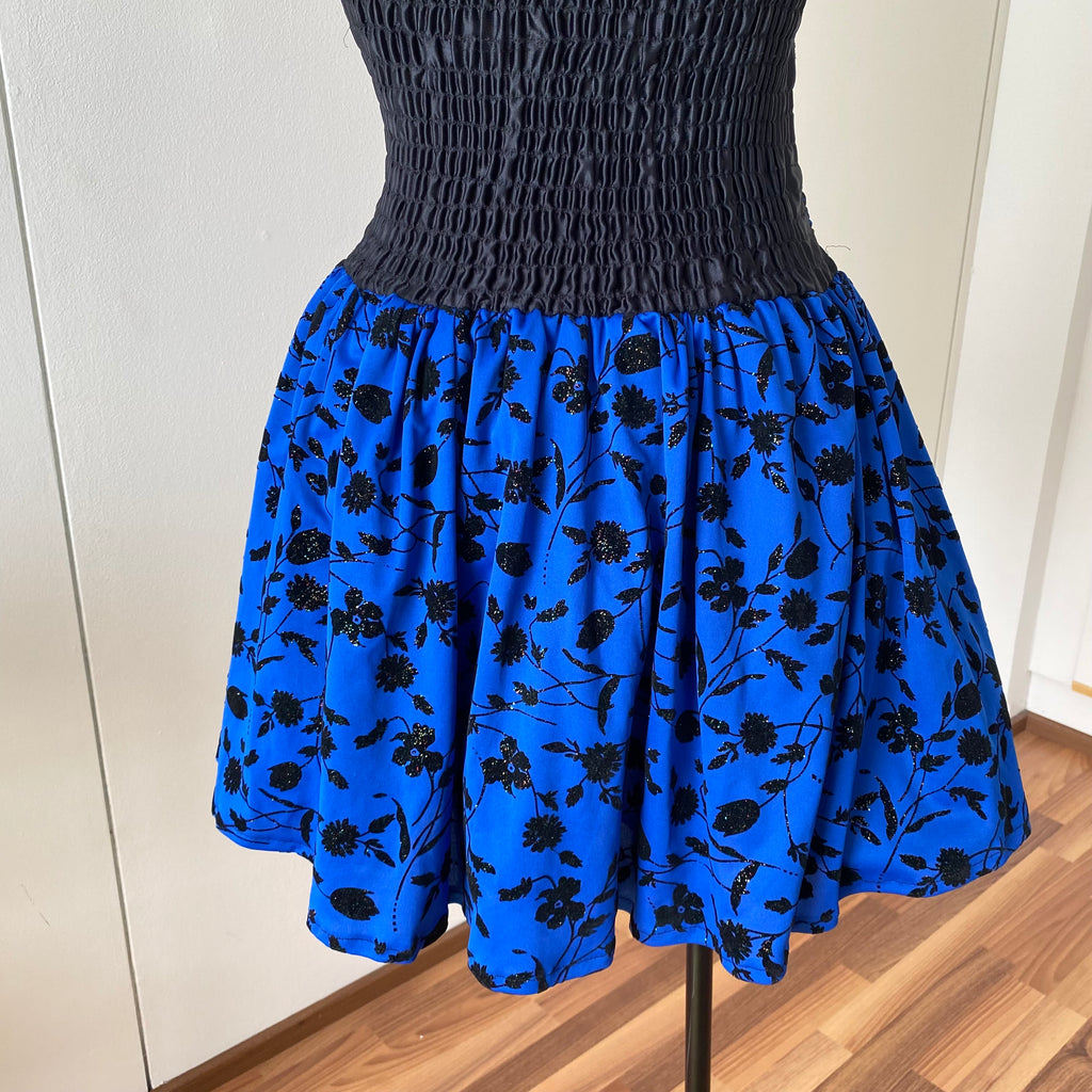 80s PATRICIA Blue Strapless Party Dress-Floral Flocked Mini Prom Dress