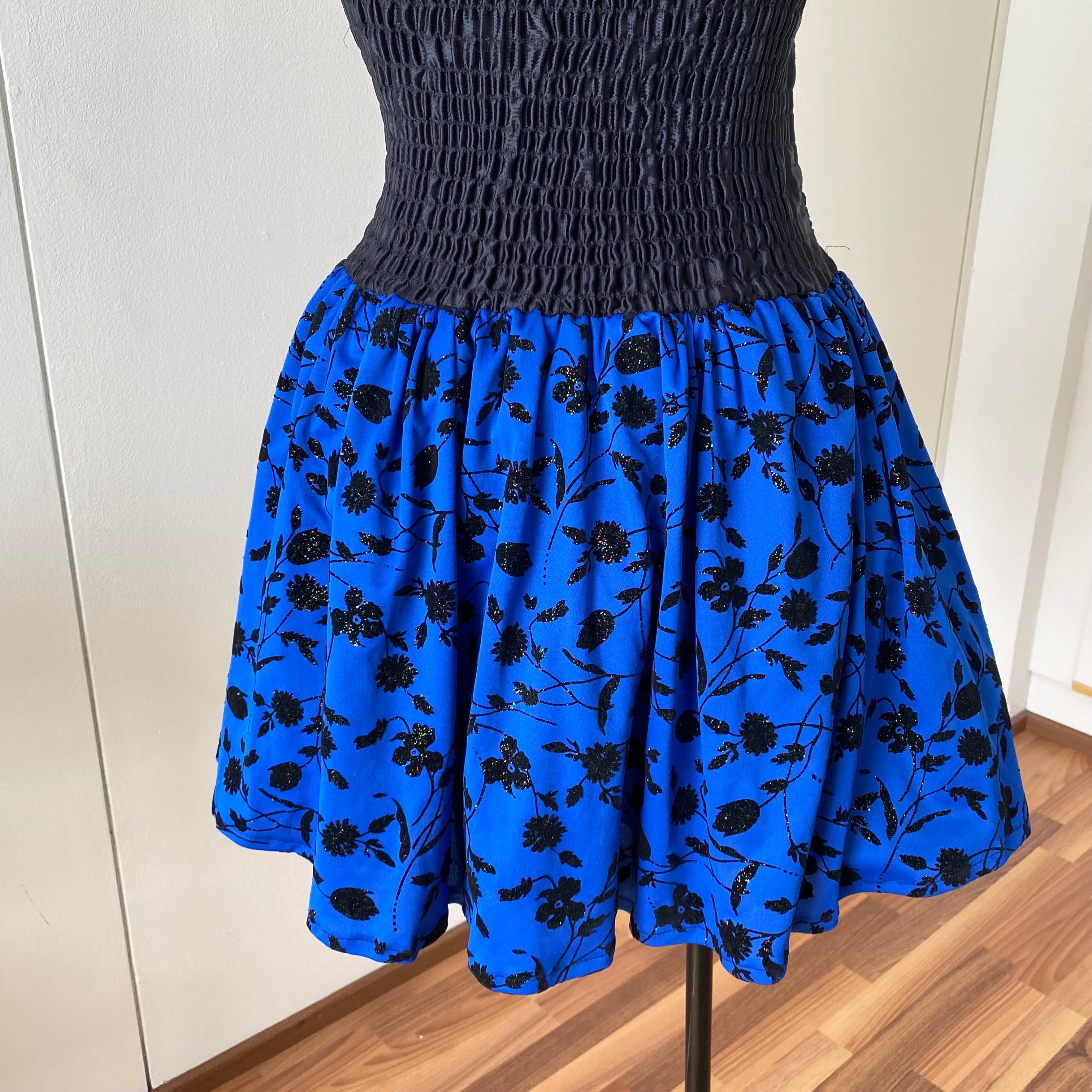 80s PATRICIA Blue Strapless Party Dress-Floral Flocked Mini Prom Dress